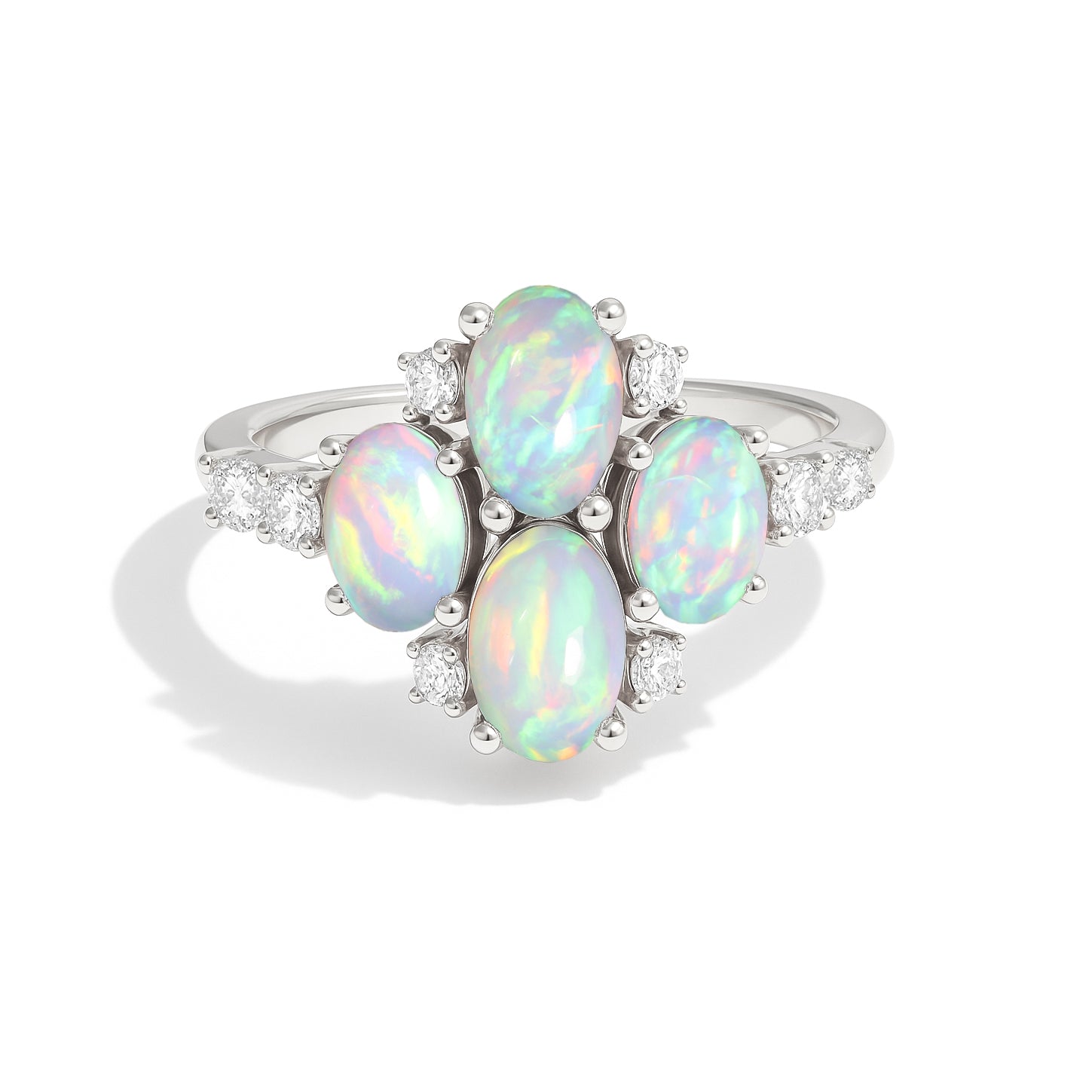 Oval White Opal Cluster Ring in Sterling Silver Elegant 6x4mm Gem