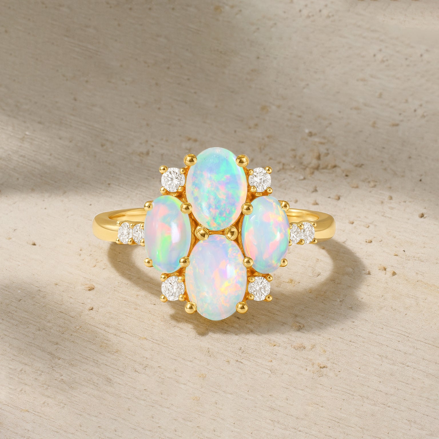 Oval White Opal Cluster Ring in Sterling Silver Elegant 6x4mm Gem