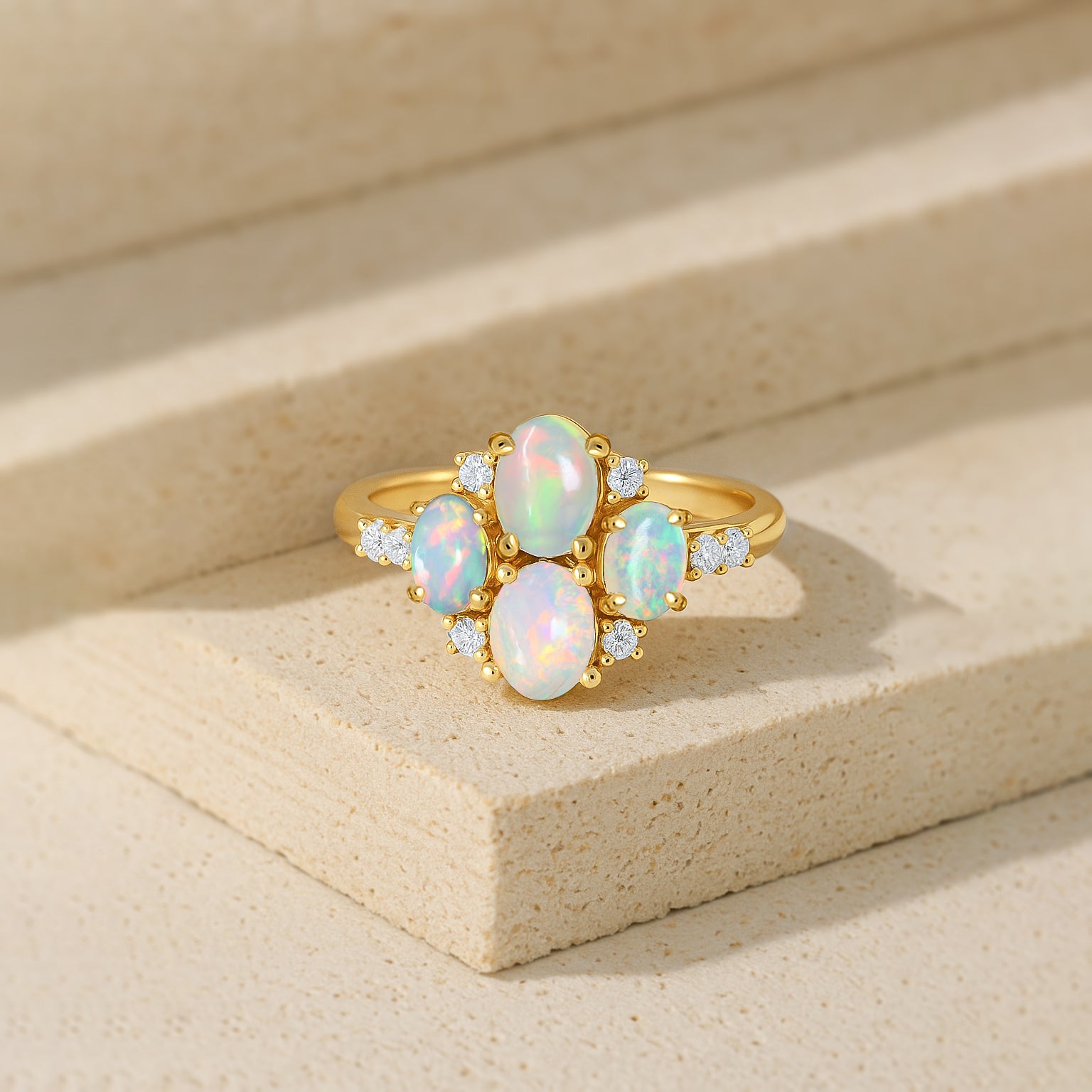 Oval White Opal Cluster Ring in Sterling Silver Elegant 6x4mm Gem