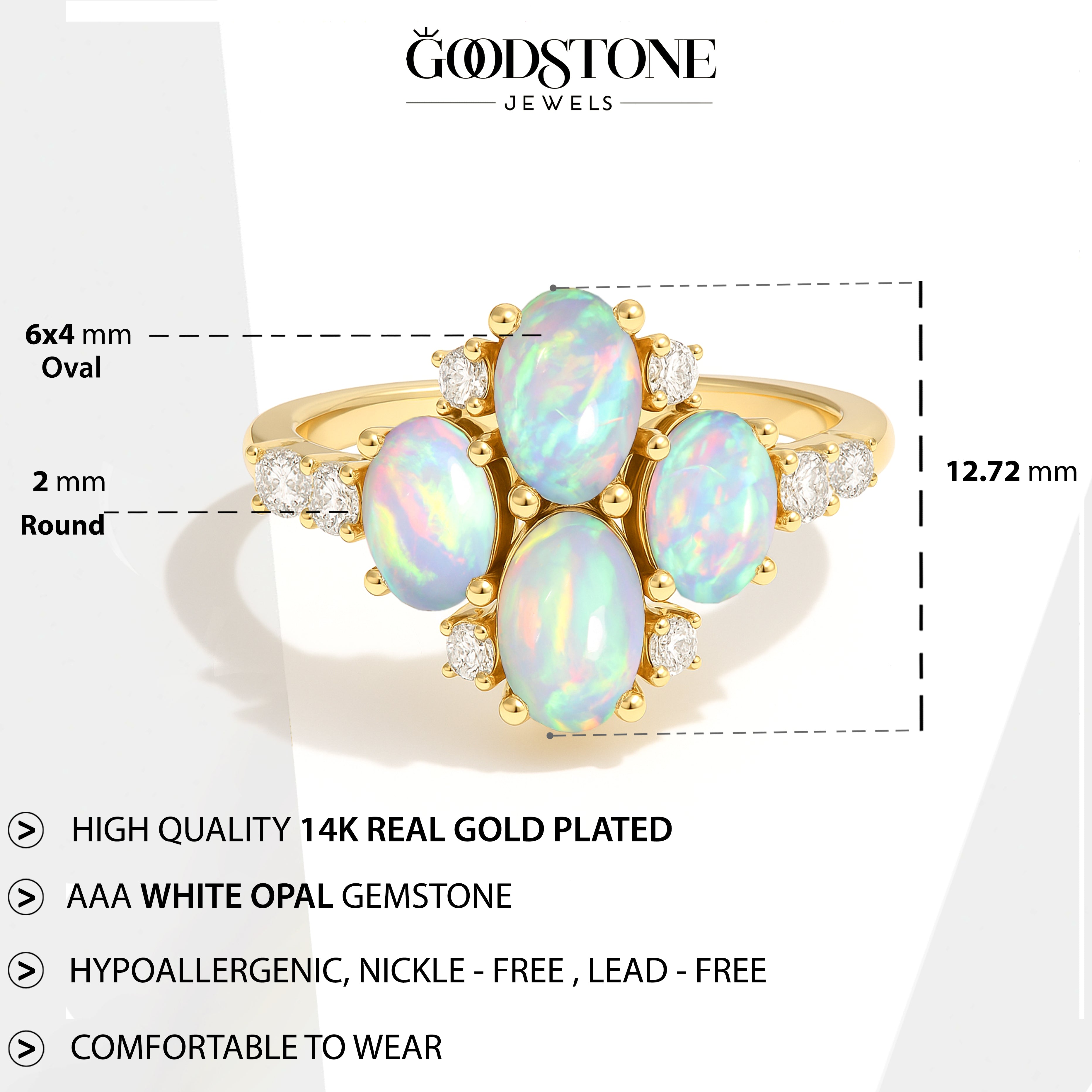 Oval White Opal Cluster Ring in Sterling Silver Elegant 6x4mm Gem