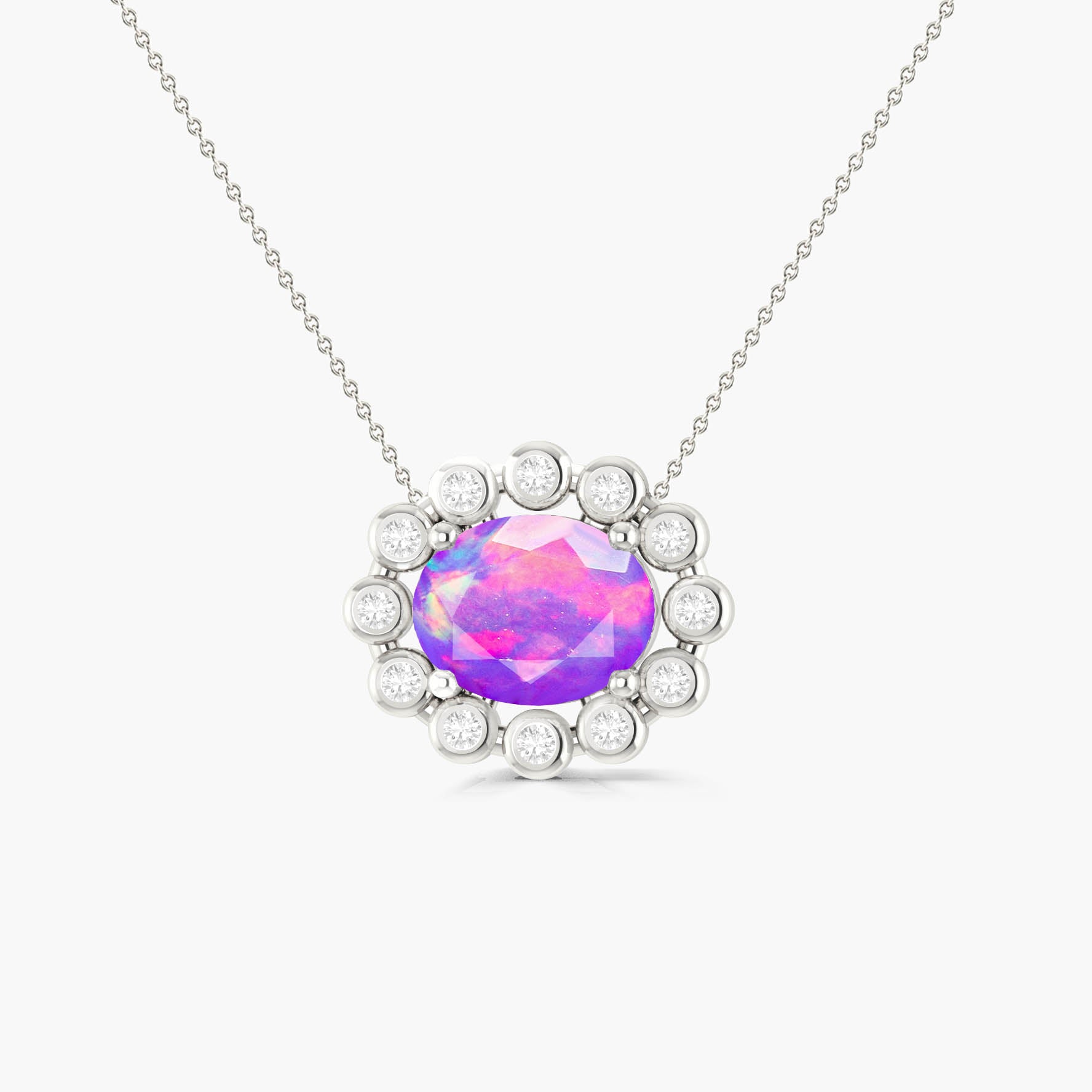 Elegant 925 Silver Lavender Opal Oval Halo Pendant Necklace, 1.20 Ct