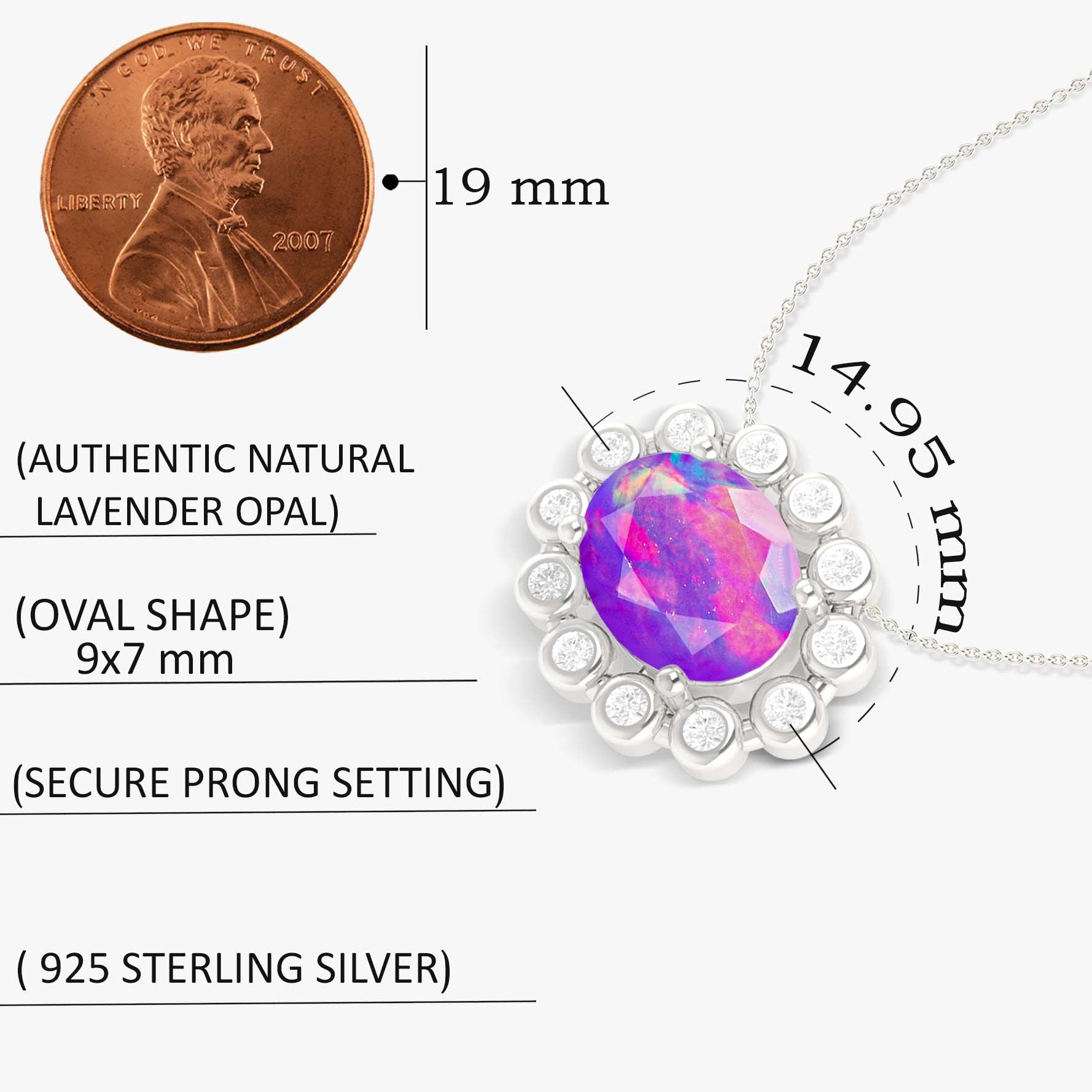 Elegant 925 Silver Lavender Opal Oval Halo Pendant Necklace, 1.20 Ct
