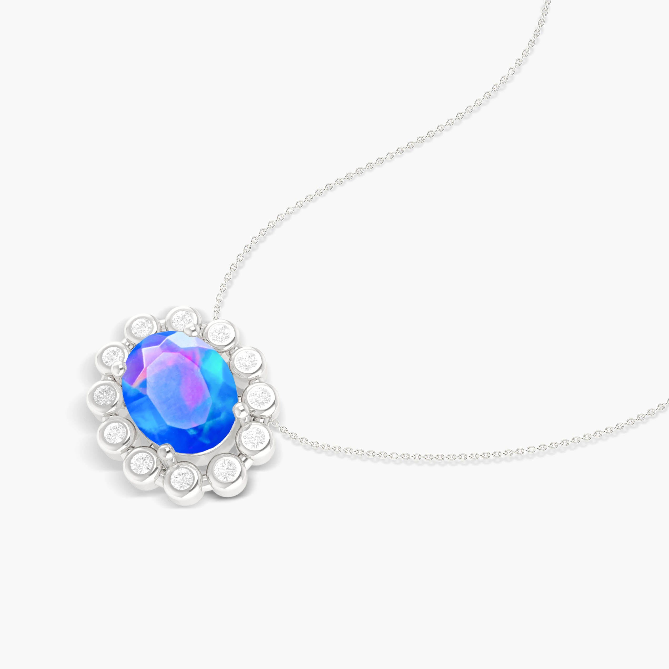 Elegant 925 Silver Blue Opal Oval Halo Pendant Necklace, 1.20 Ct