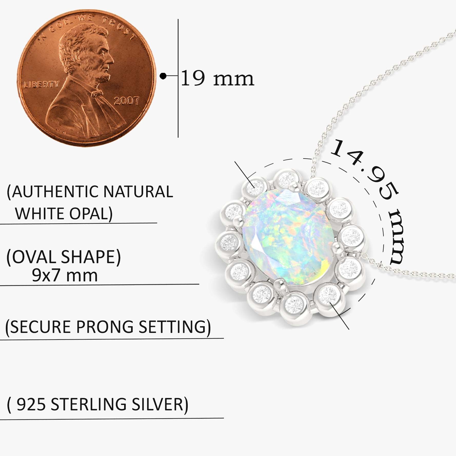 Elegant 925 Silver White Opal Oval Halo Pendant Necklace, 1.20 Ct