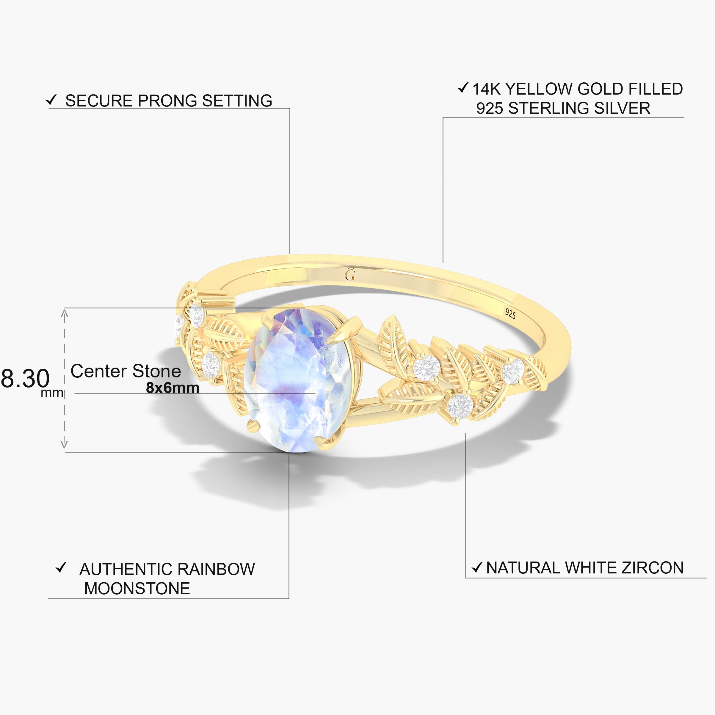 8X6 MM Oval Shape Natural Moonstone Leaf Style Solitaire Ring