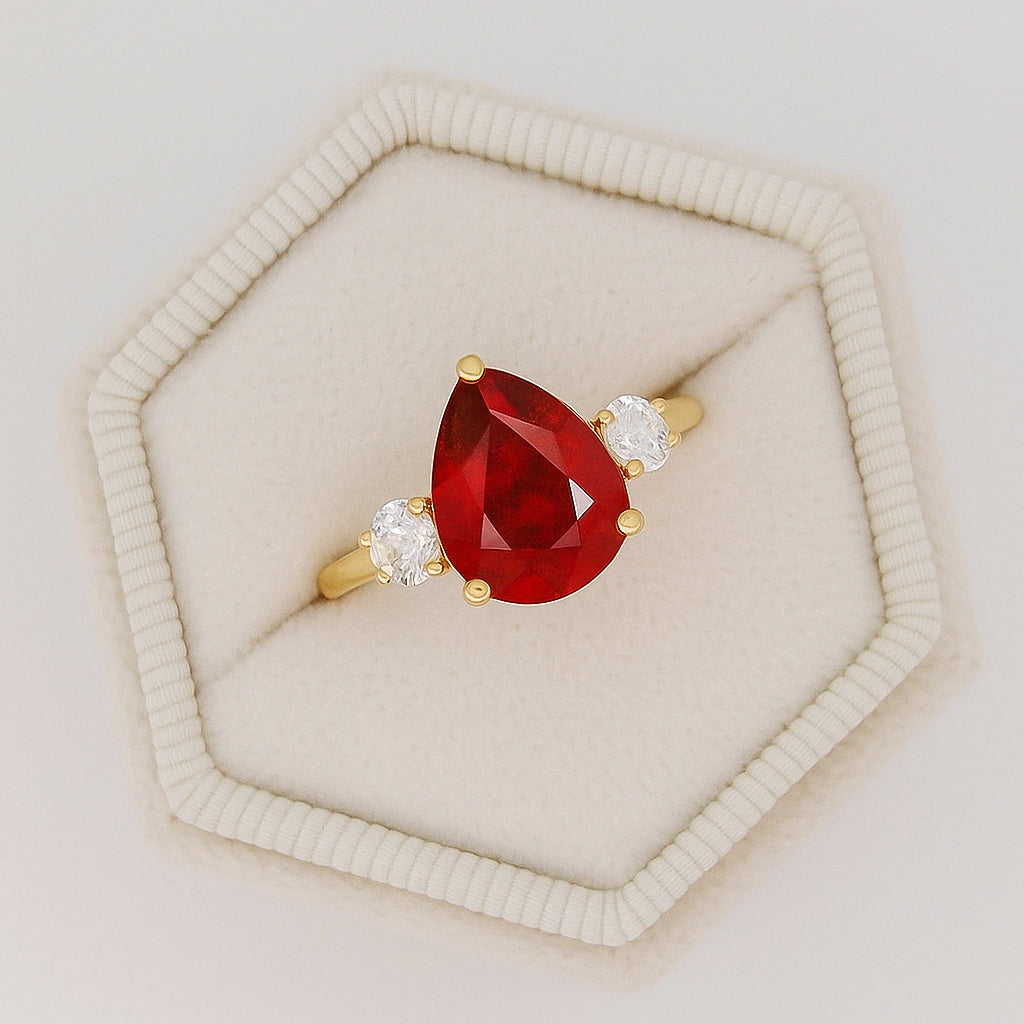 Natural Ruby Pear Shape with Zircon Three Stone Statement Ring
