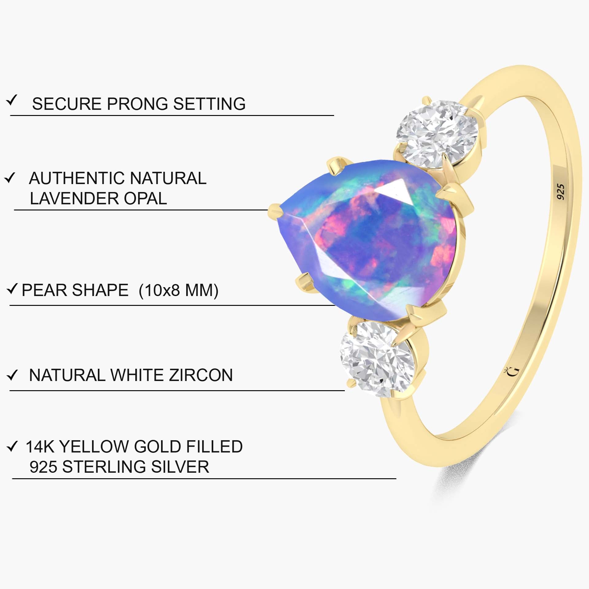 Natural Lavender Opal Pear Shape with Zircon Three Stone Statement Ring