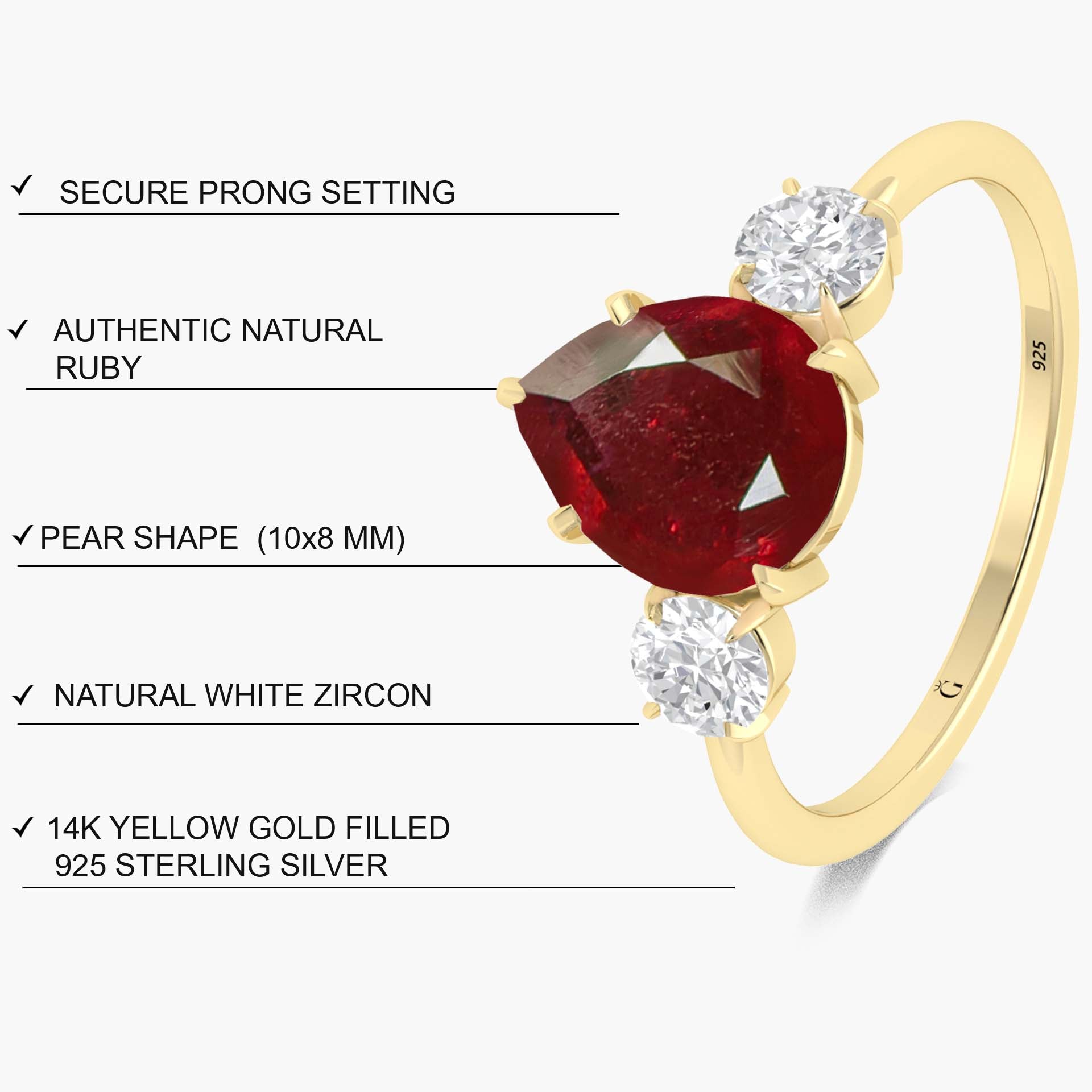 Natural Ruby Pear Shape with Zircon Three Stone Statement Ring