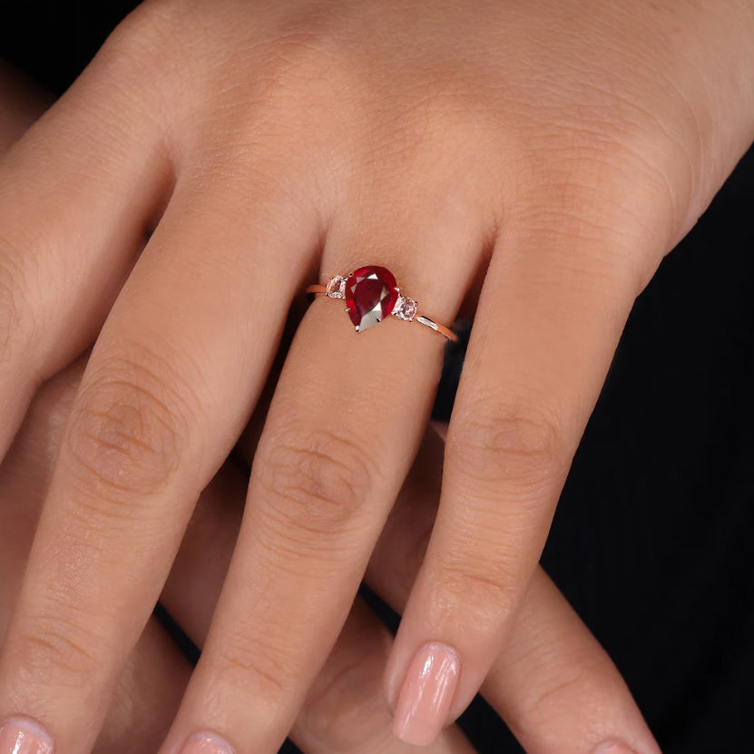 Natural Ruby Pear Shape with Zircon Three Stone Statement Ring