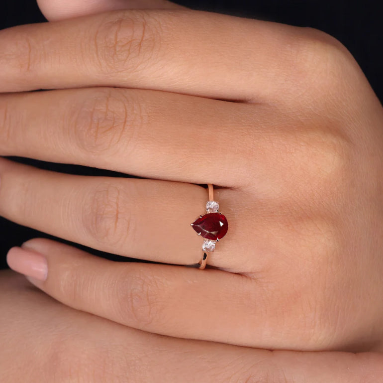 Natural Ruby Pear Shape with Zircon Three Stone Statement Ring