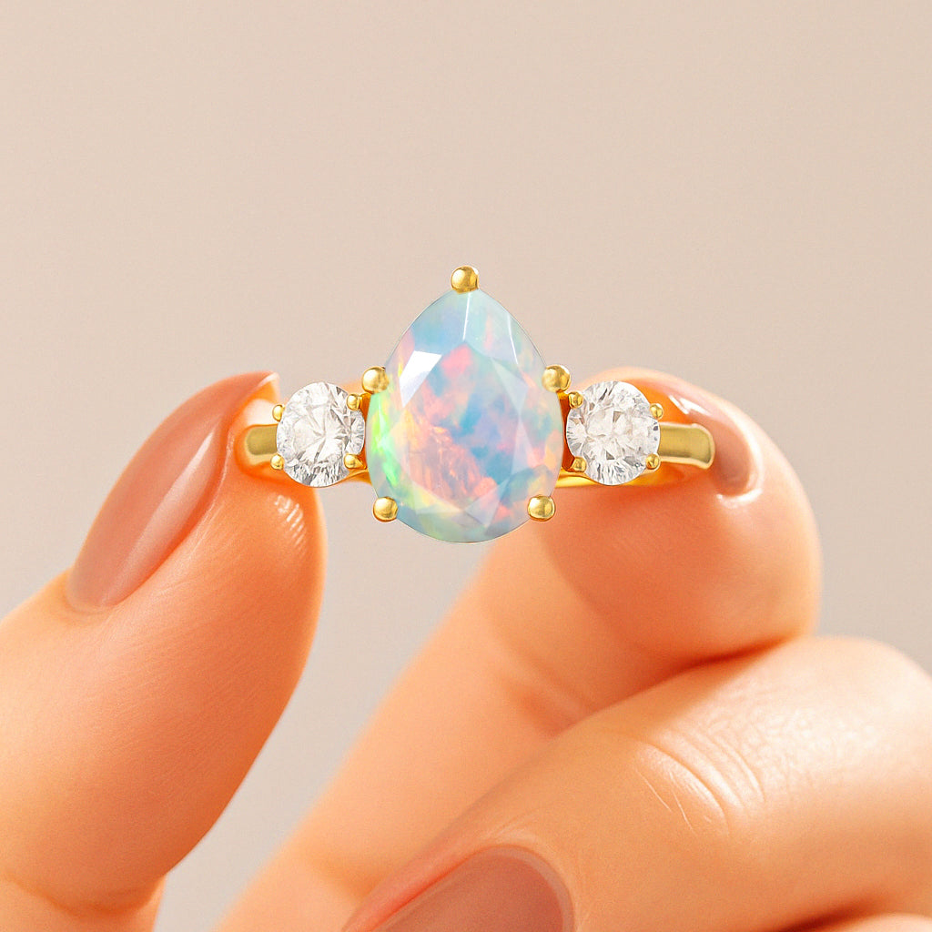 Natural White Opal Pear Shape with Zircon Three Stone Statement Ring
