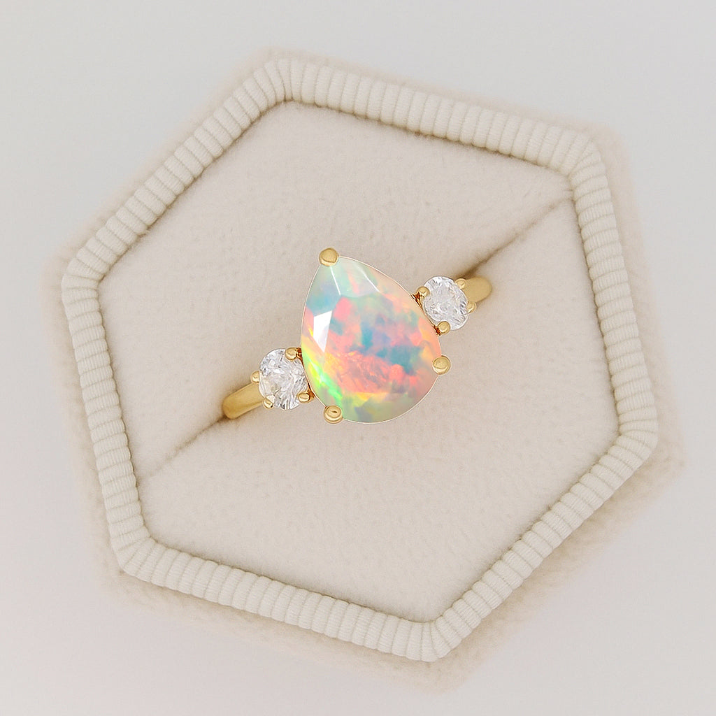 Natural White Opal Pear Shape with Zircon Three Stone Statement Ring