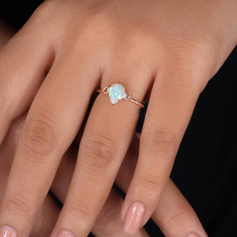 Natural White Opal Pear Shape with Zircon Three Stone Statement Ring