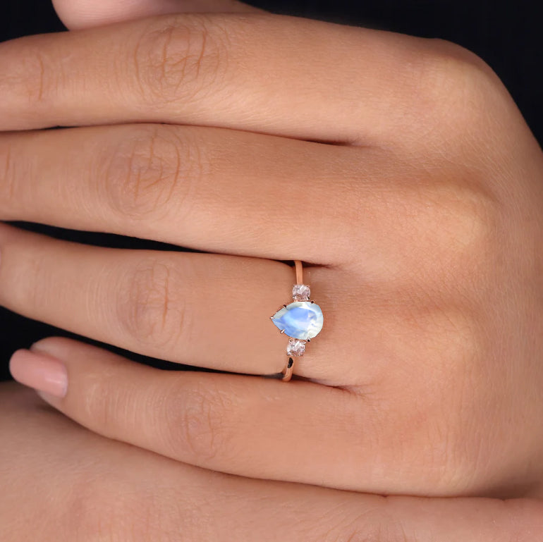 Natural White Opal Pear Shape with Zircon Three Stone Statement Ring