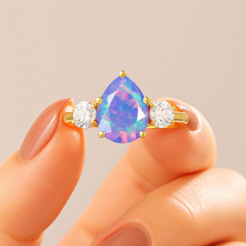 Natural Lavender Opal Pear Shape with Zircon Three Stone Statement Ring