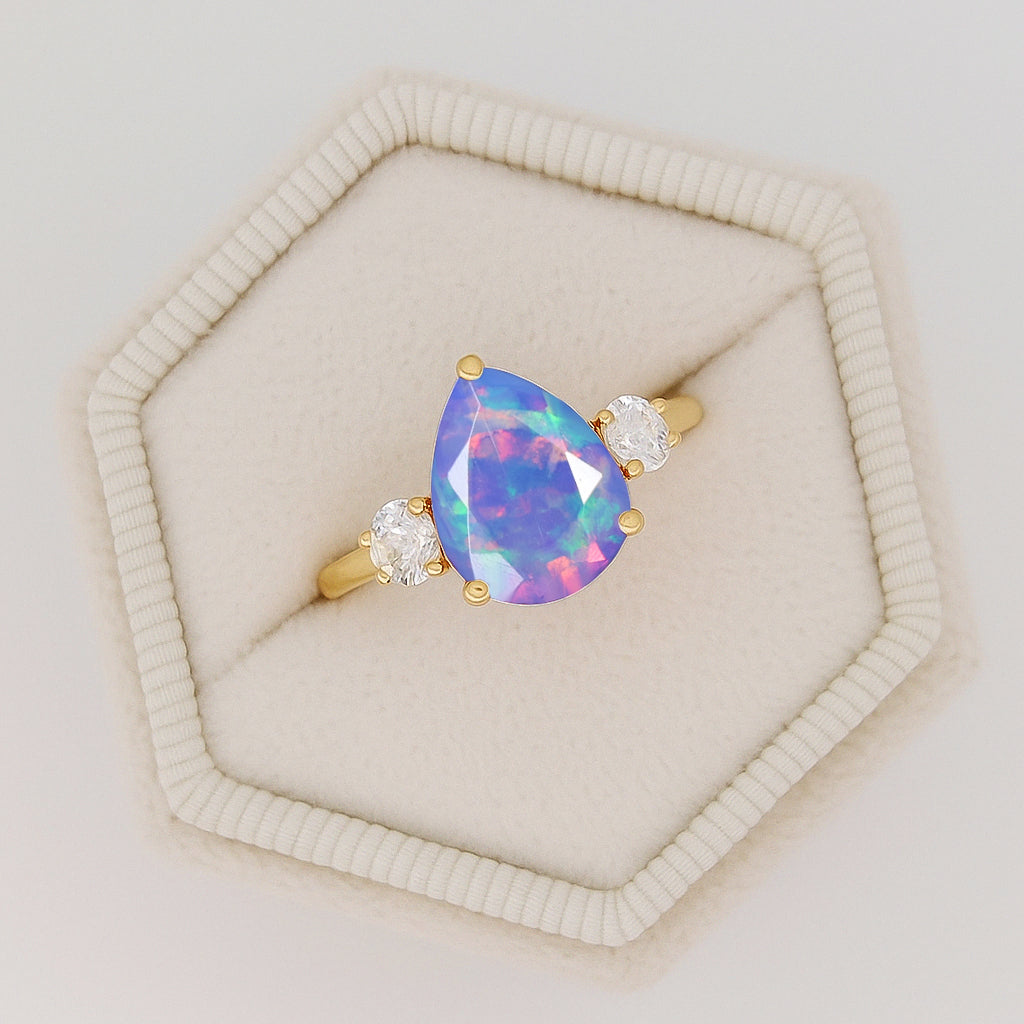 Natural Lavender Opal Pear Shape with Zircon Three Stone Statement Ring
