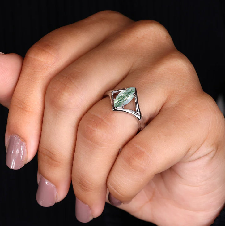 Dainty Marquise Shape Moss Agate Handcrafted ring