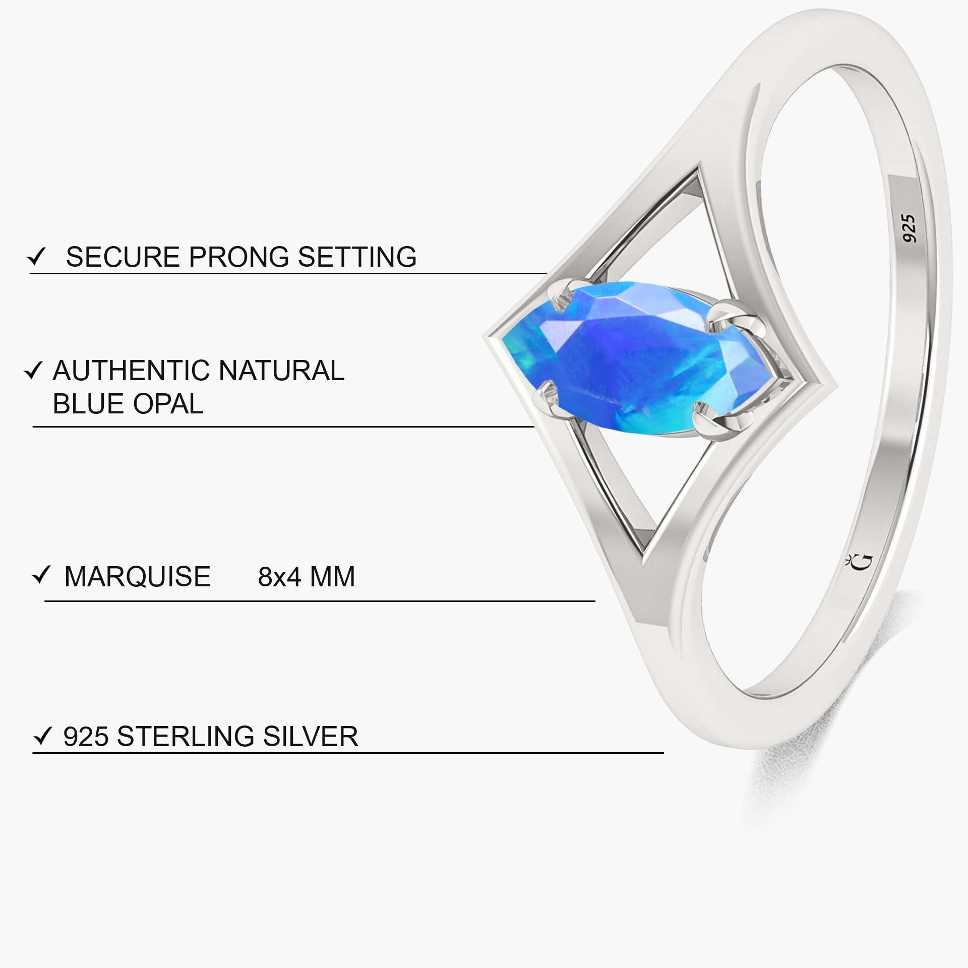 Marquise Shape 8X4 MM Natural Blue Opal Solitaire Ring