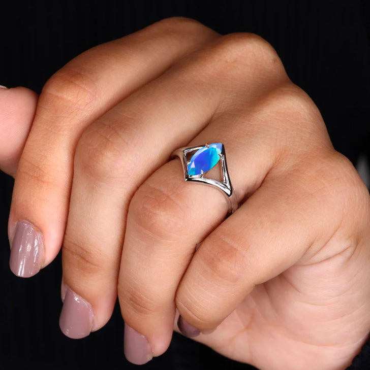 Marquise Shape 8X4 MM Natural Blue Opal Solitaire Ring