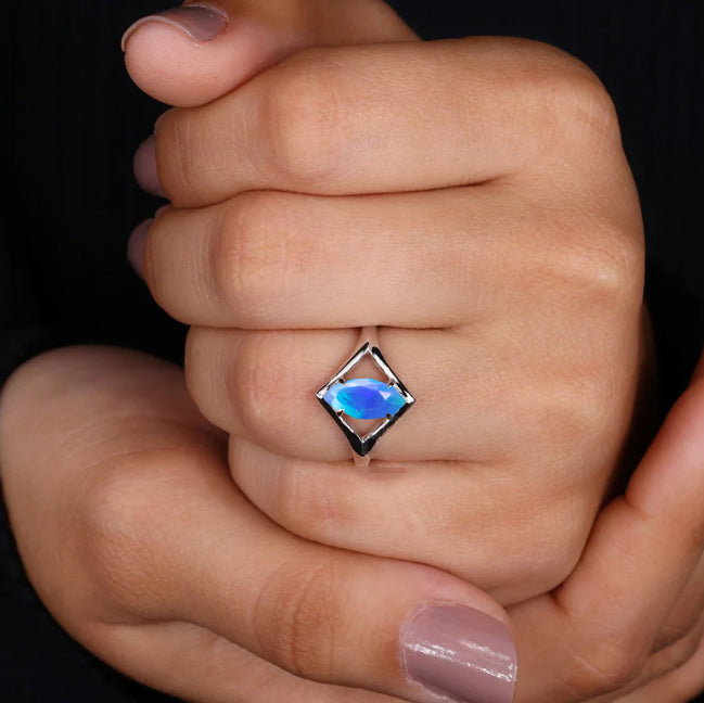 Marquise Shape 8X4 MM Natural Blue Opal Solitaire Ring
