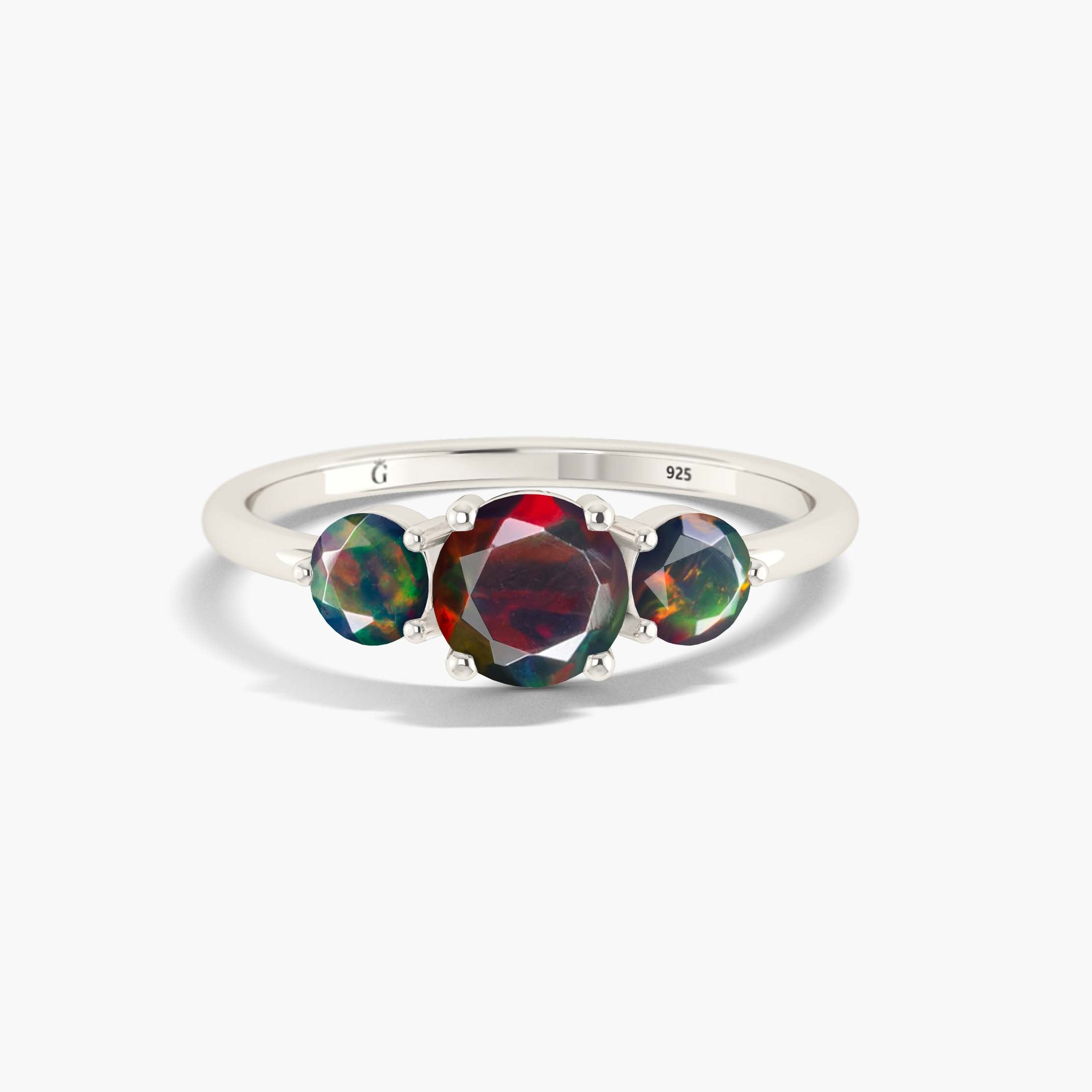 Dainty 3 Round Black fire Opal ring for women