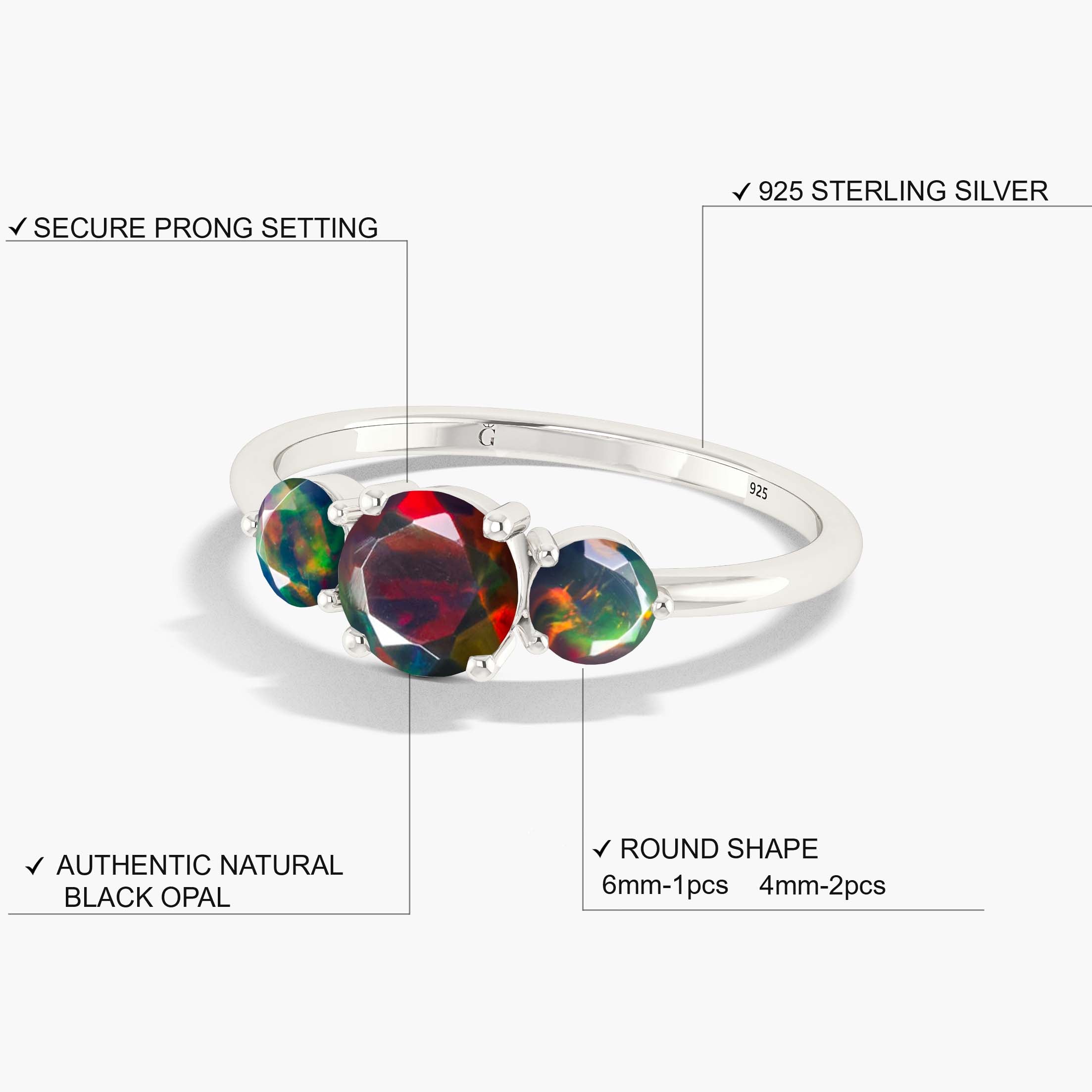 Dainty 3 Round Black fire Opal ring for women
