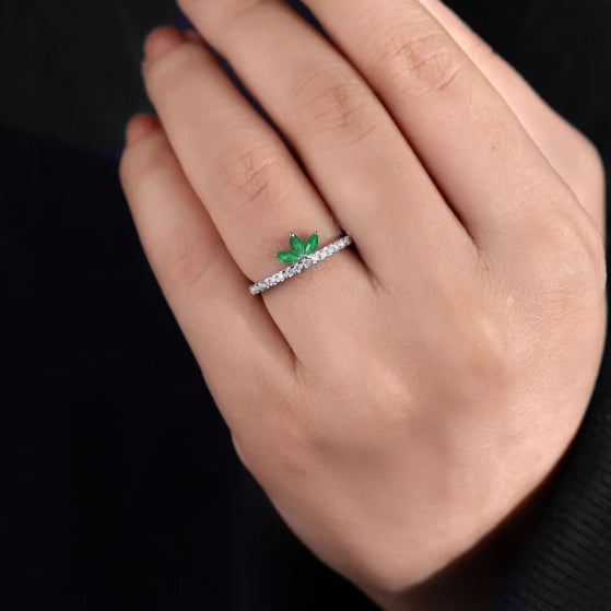 3 Marquise Lab Grown Green Emerald Engagement ring