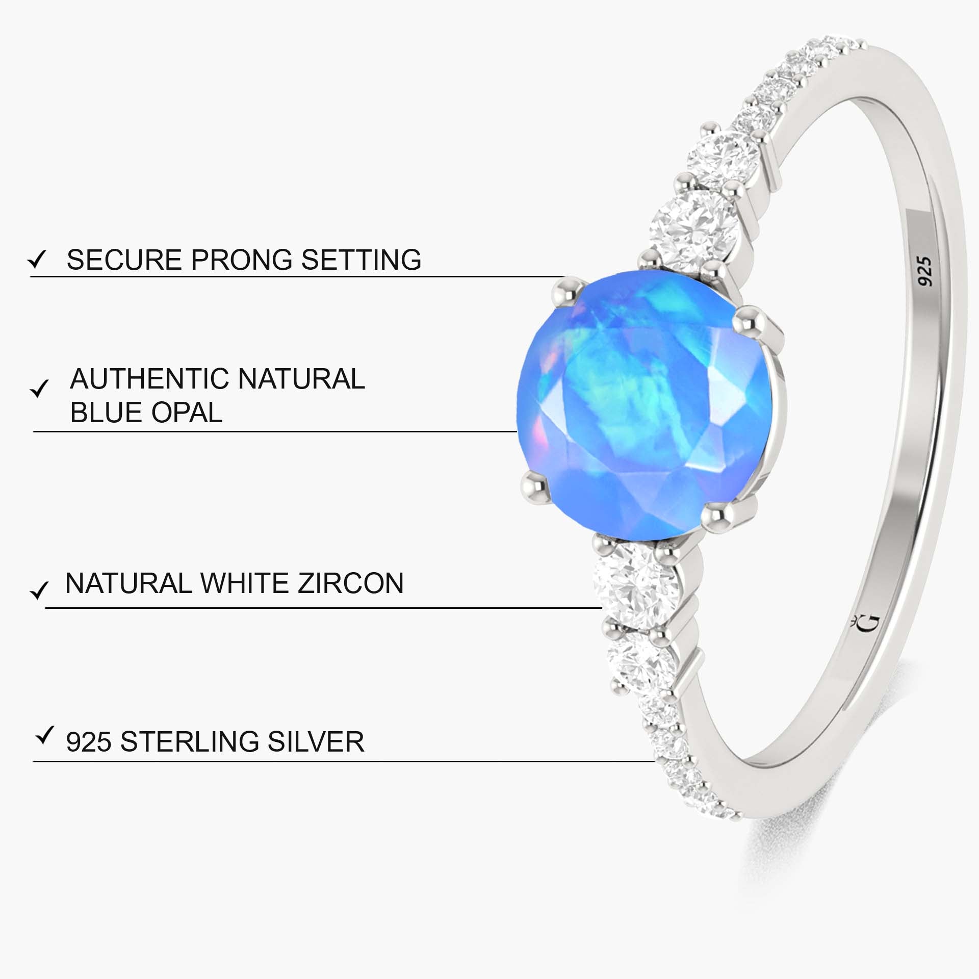 7 MM Round Shape Natural Blue Opal Wedding Ring with White Zircon