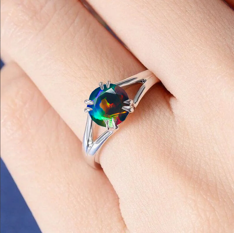 Beautiful dainty round black fire opal ring for women