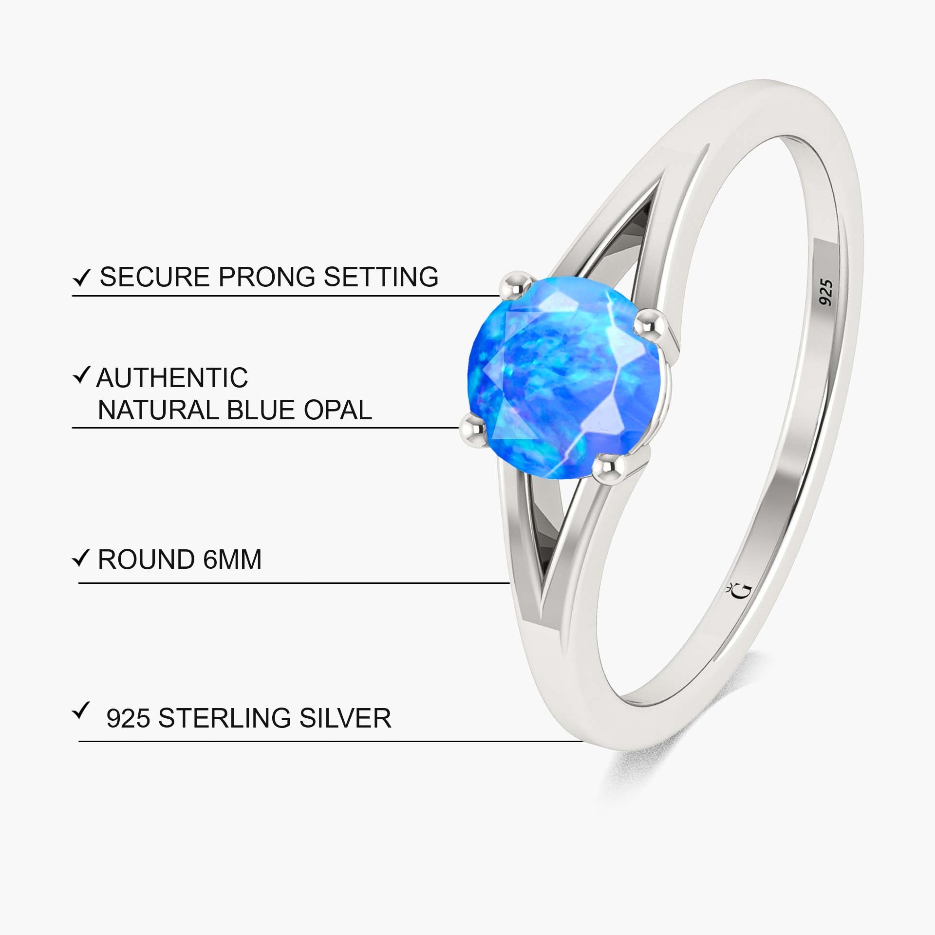 6MM Round Shape Natural Blue Opal Faceted Cut Solitaire Ring