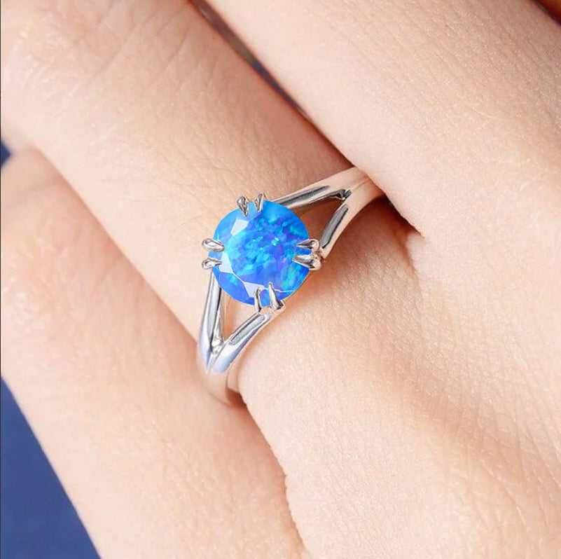 6MM Round Shape Natural Blue Opal Faceted Cut Solitaire Ring
