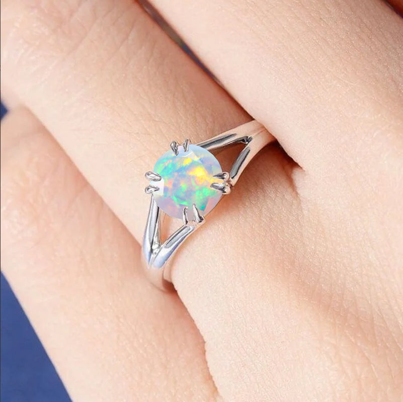 Natural white fire Ethiopian opal Engagement dainty ring