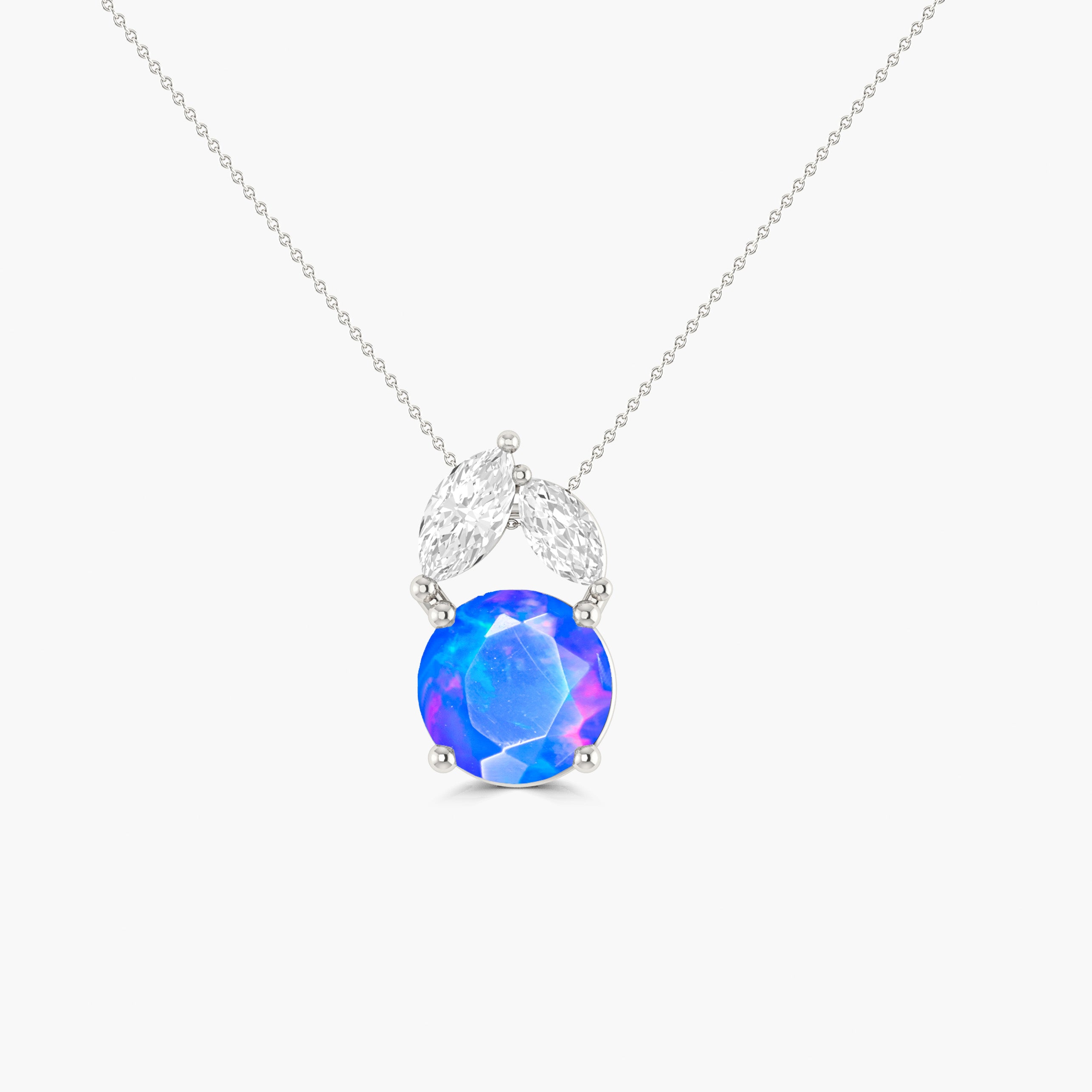 Natural Blue Opal Round Stone Minimalist Chain Pendant Necklace