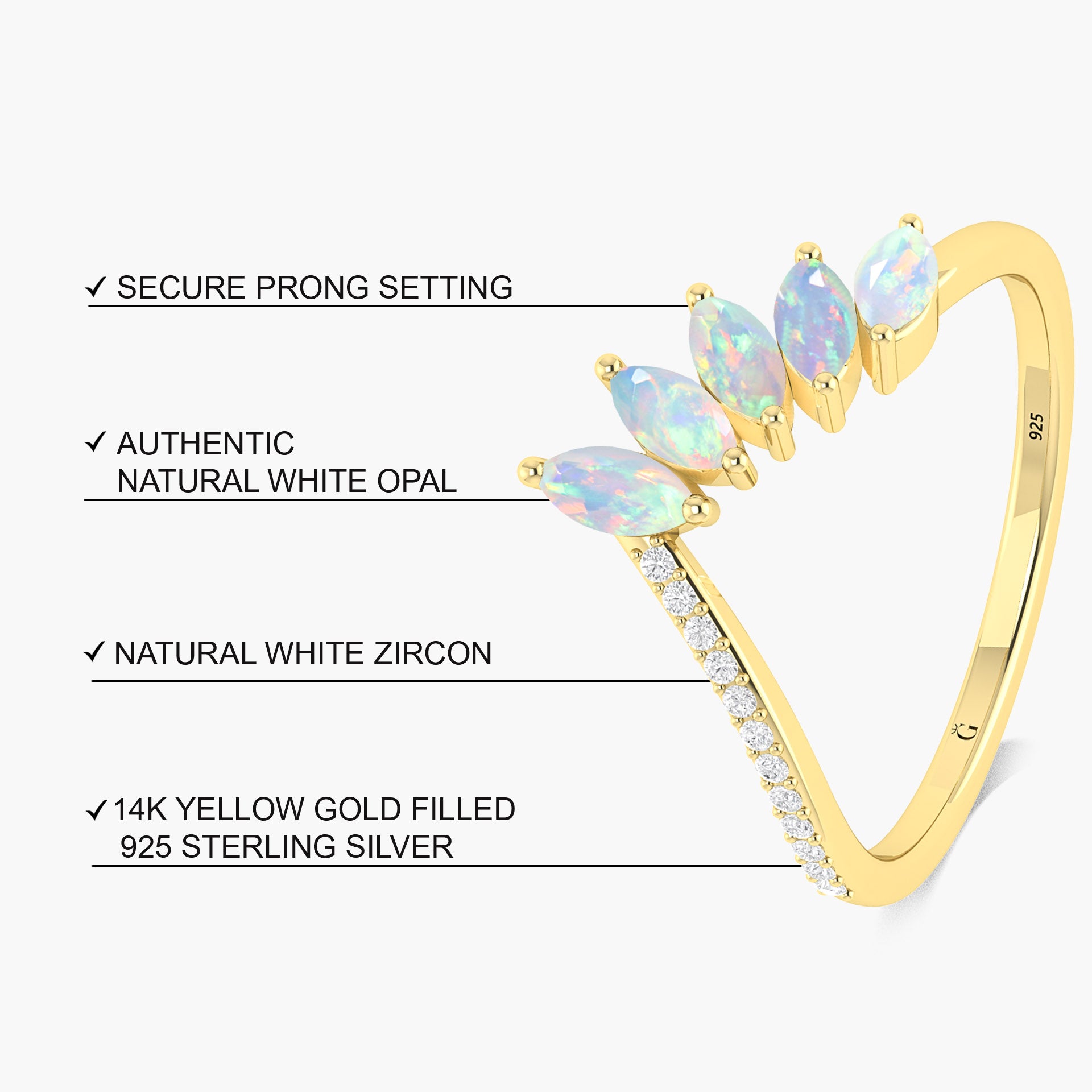 Wishbone Ring with Marquise Shape Natural White Opal & Zircon 1.25 Carat