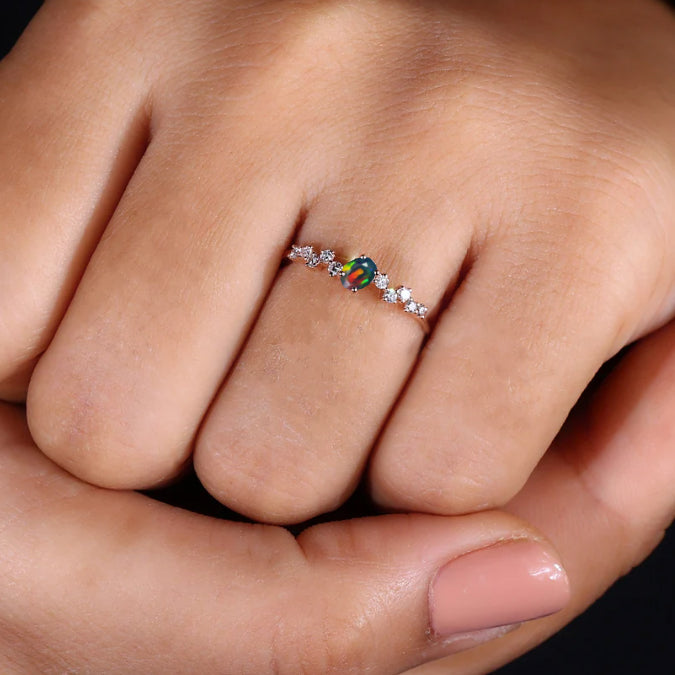 Beautiful design black opal with simulated diamond cubic Zircon ring