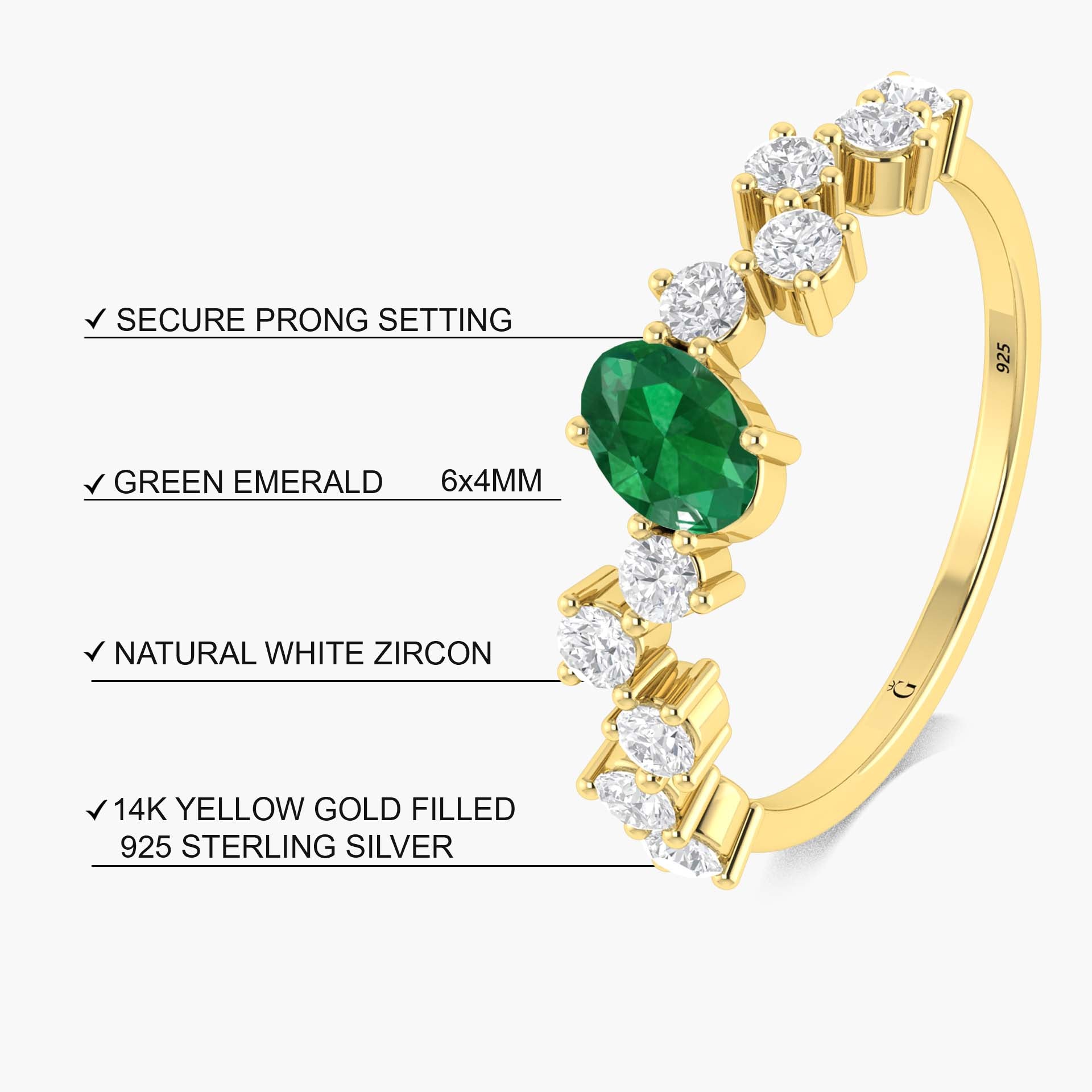 Green Oval Emerald minimalist with dainty Zircon Ring