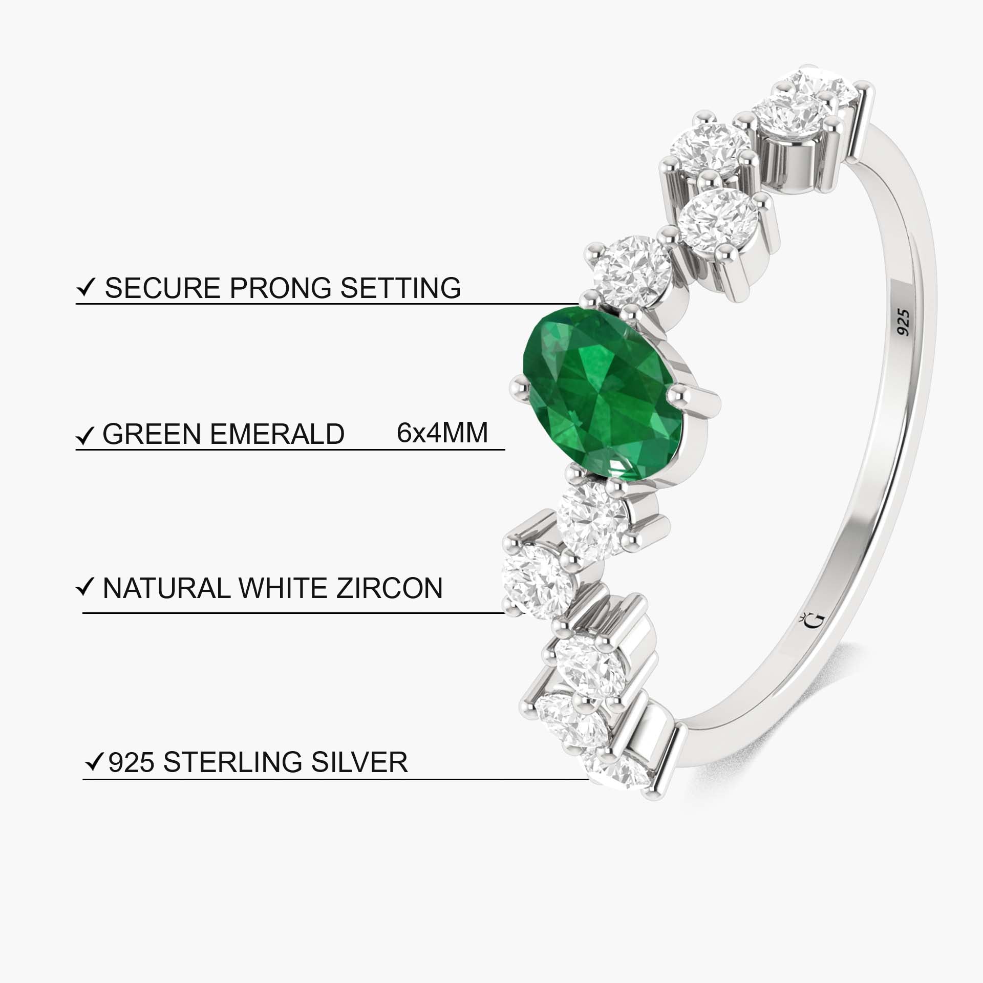Green Oval Emerald minimalist with dainty Zircon Ring