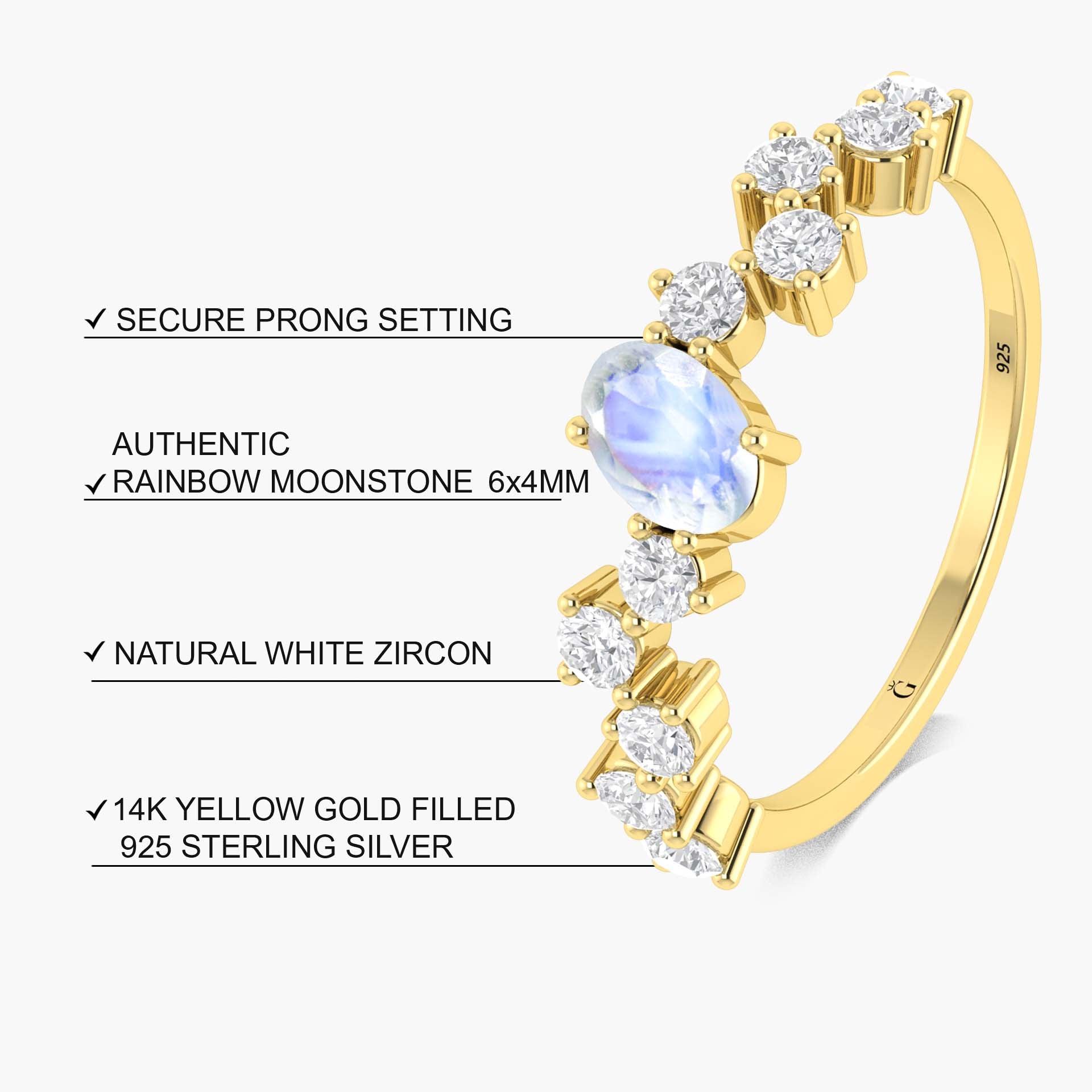 Handcrafted White rainbow moonstone with Small round zircon ring
