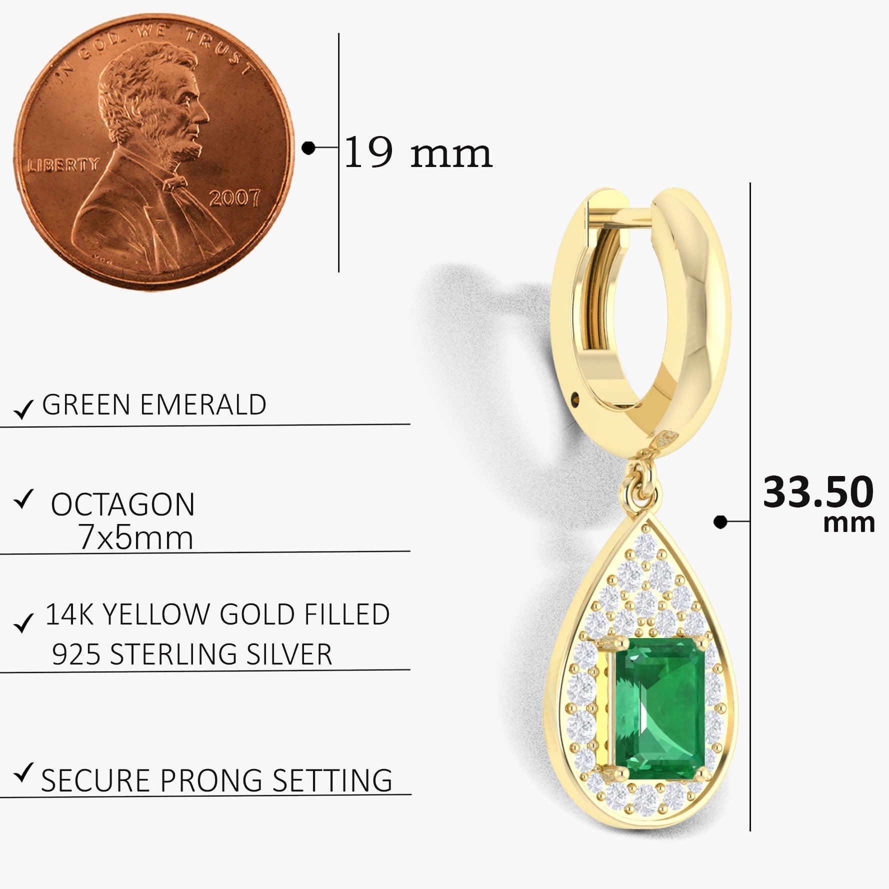 Emerald Octagon Gemstone Drop and Dangle Earring