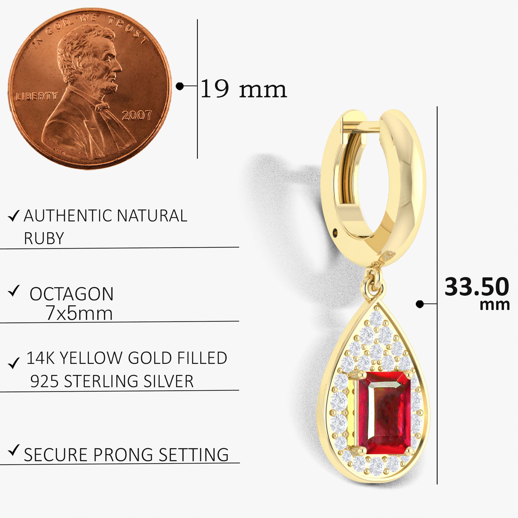 Octagon Red Ruby Huggie Earrings
