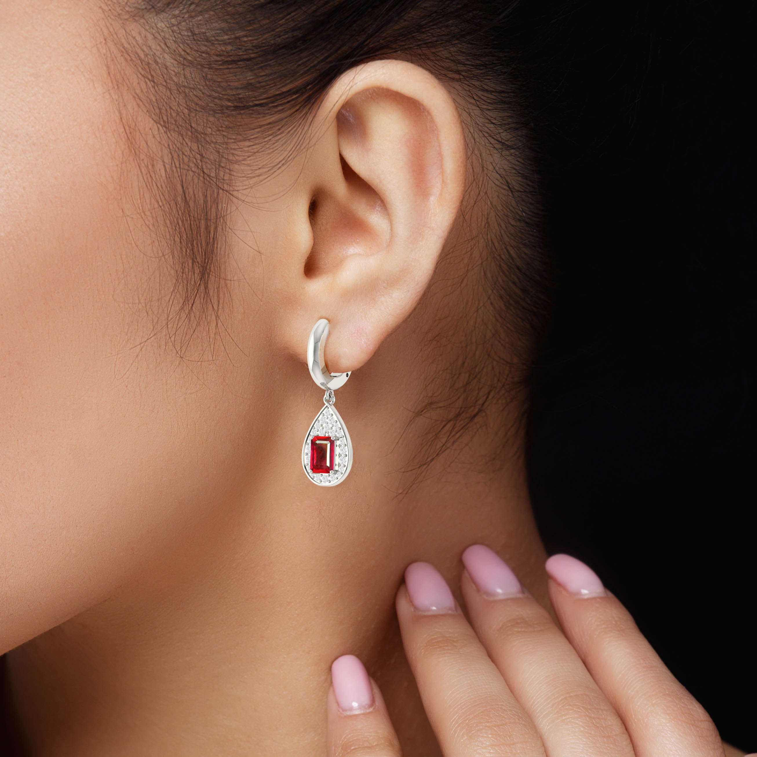 Octagon Red Ruby Huggie Earrings