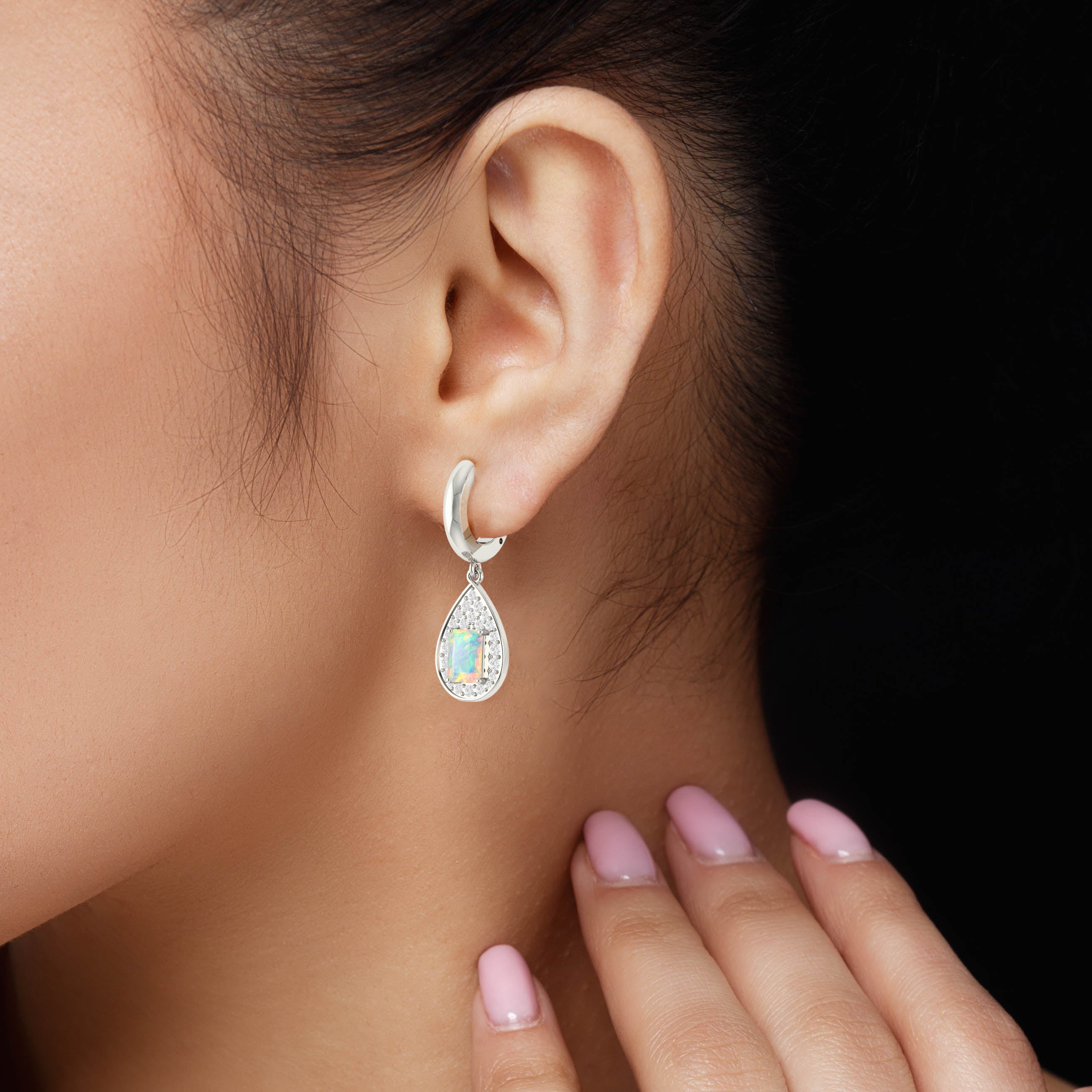 Natural White Opal Hoop Tear Drop Earrings