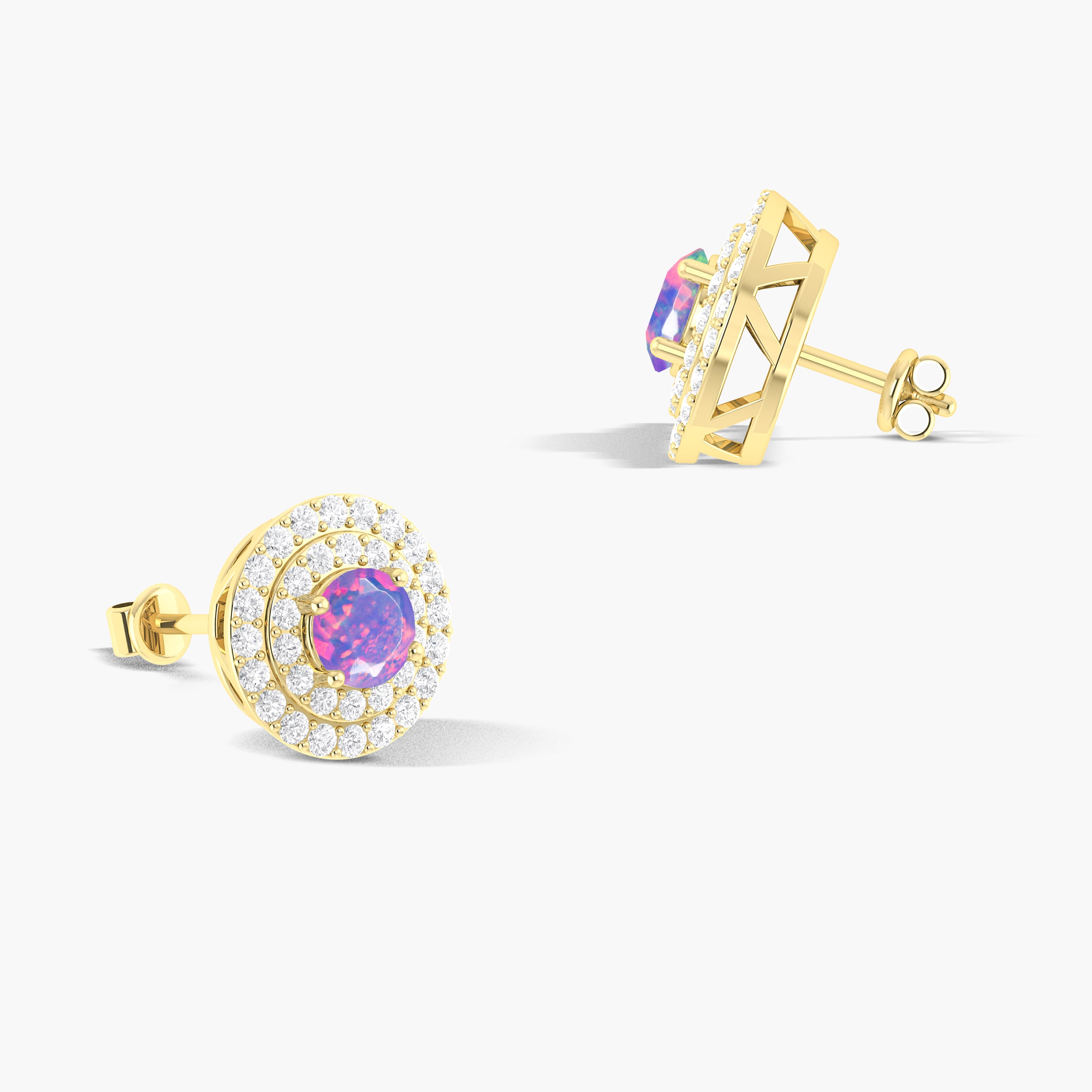 5MM Round Natural Lavender Opal Halo Stud Earrings with Puch Back