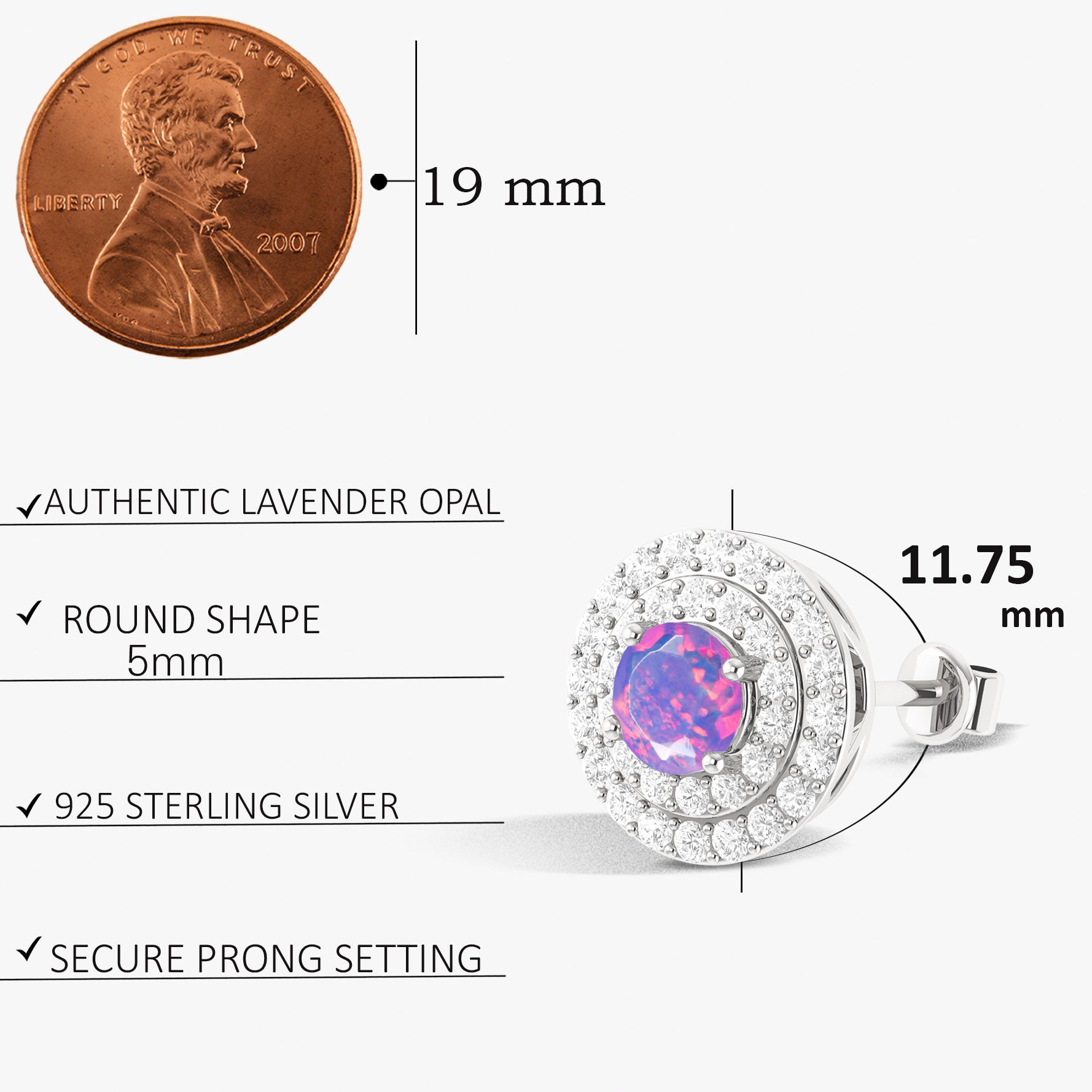 5MM Round Natural Lavender Opal Halo Stud Earrings with Puch Back