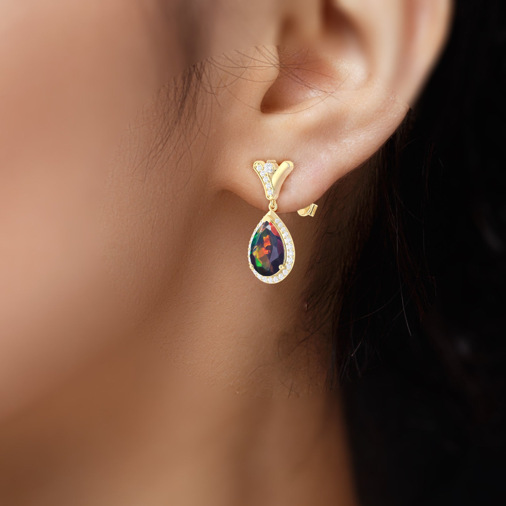'V' Shape Style Natural Black Opal Drop Earrings with Push Back