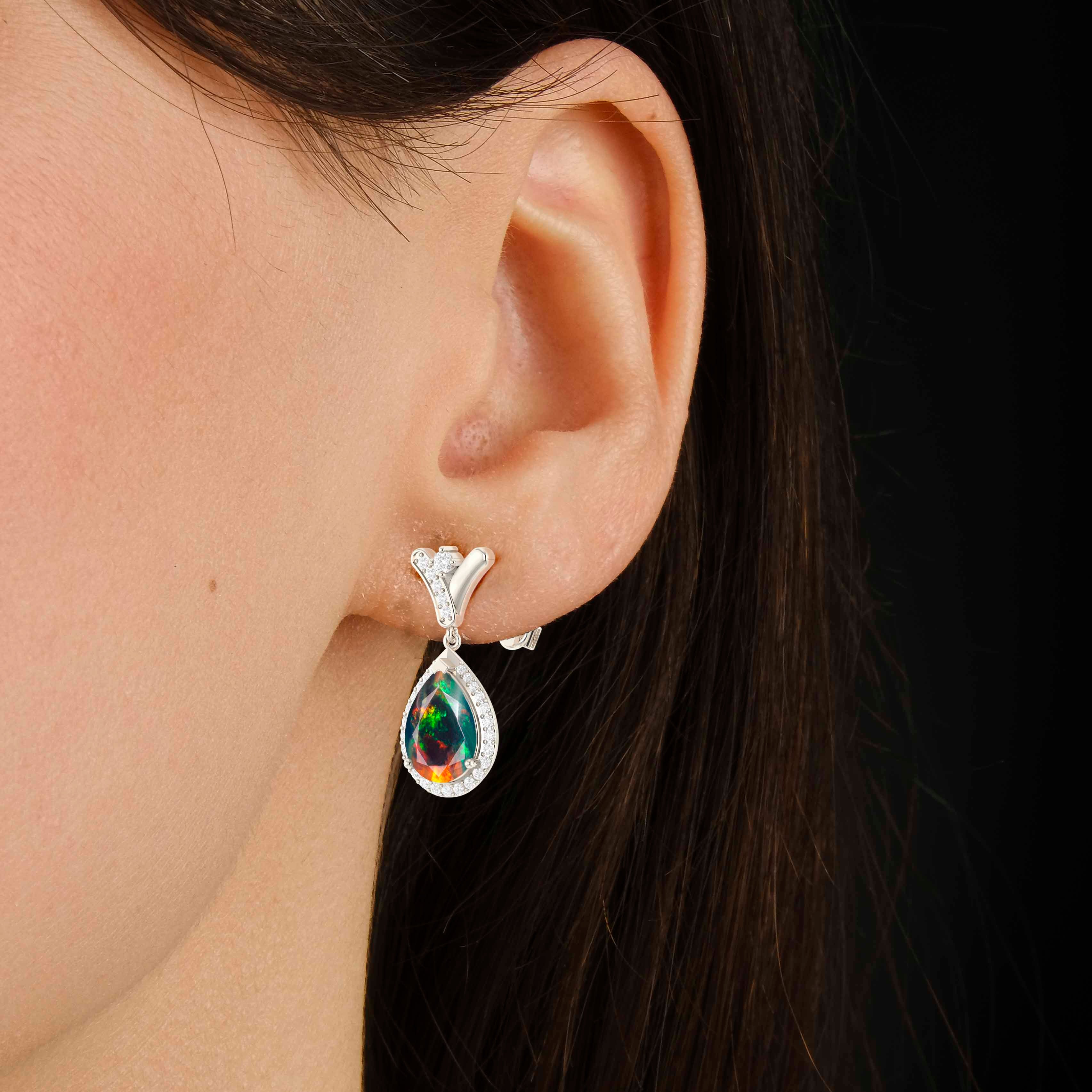 'V' Shape Style Natural Black Opal Drop Earrings with Push Back
