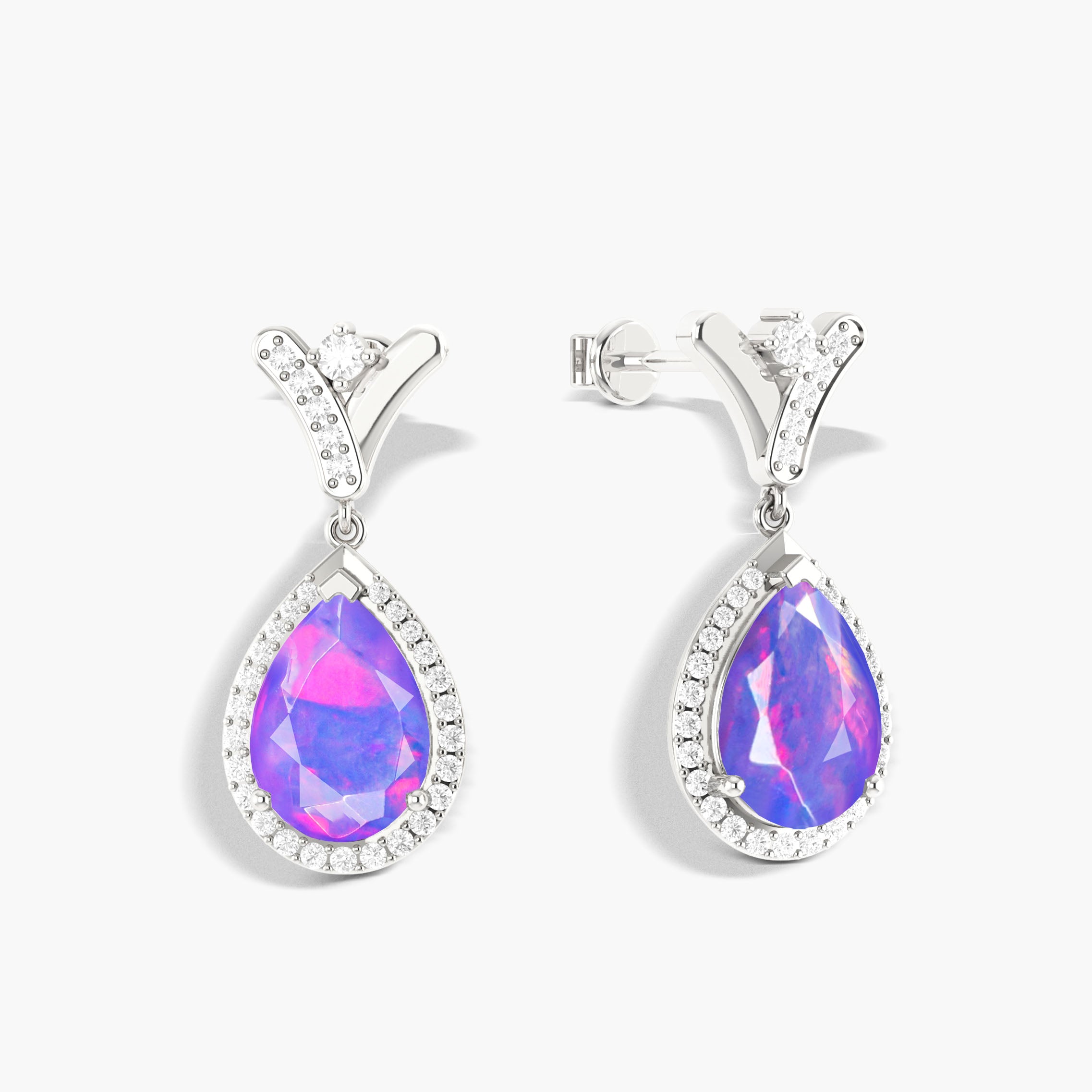 'V' Shape Style Natural Lavender Opal Drop Earrings with Push Back