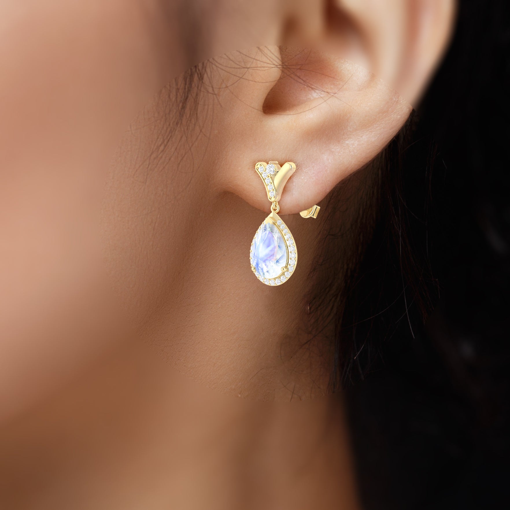 'V' Shape Style Natural Moonstone Drop Earrings with Push Back