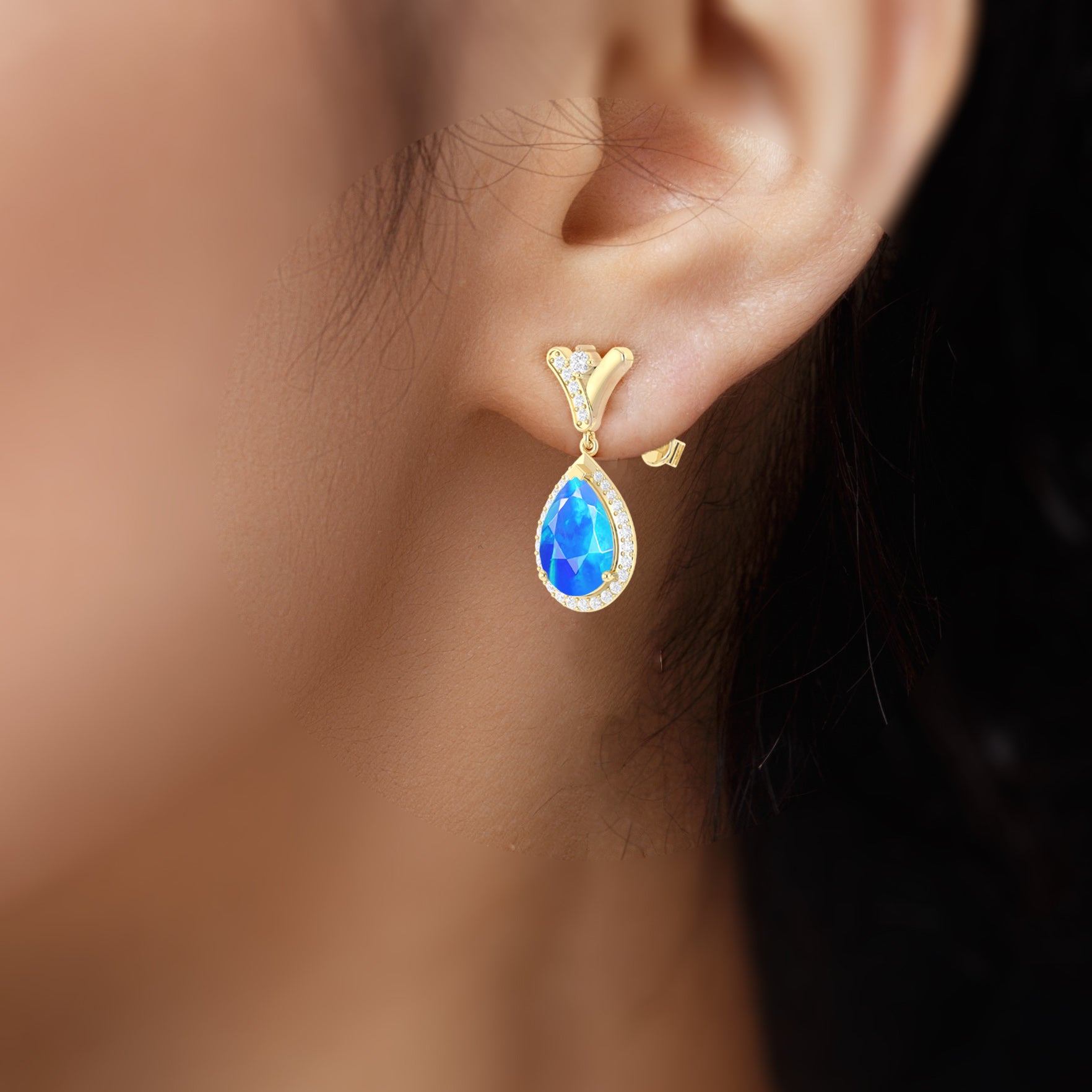'V' Shape Style Natural Blue Opal Drop Earrings with Push Back