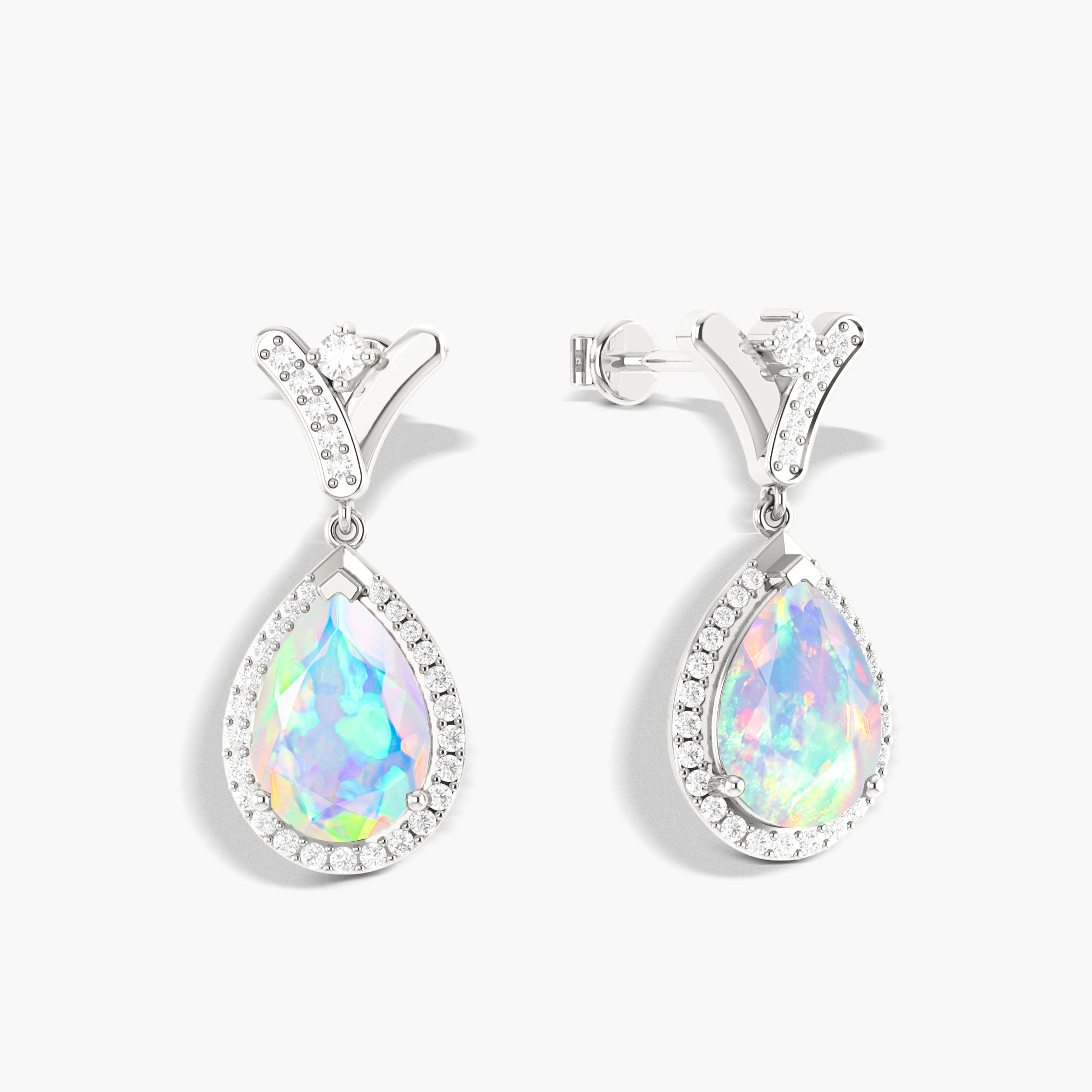 'V' Shape Style Natural White Opal Drop Earrings with Push Back